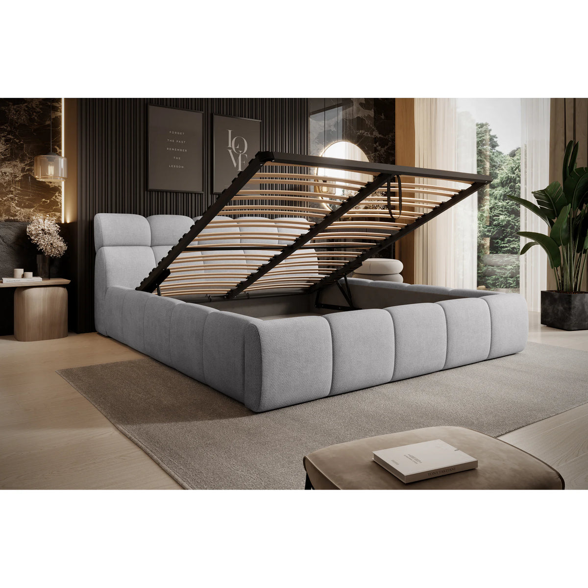 Pat GIULIA 140x200, personalizabil materiale Gama Premium, cu spatiu depozitare, somiera metalica si pistoane