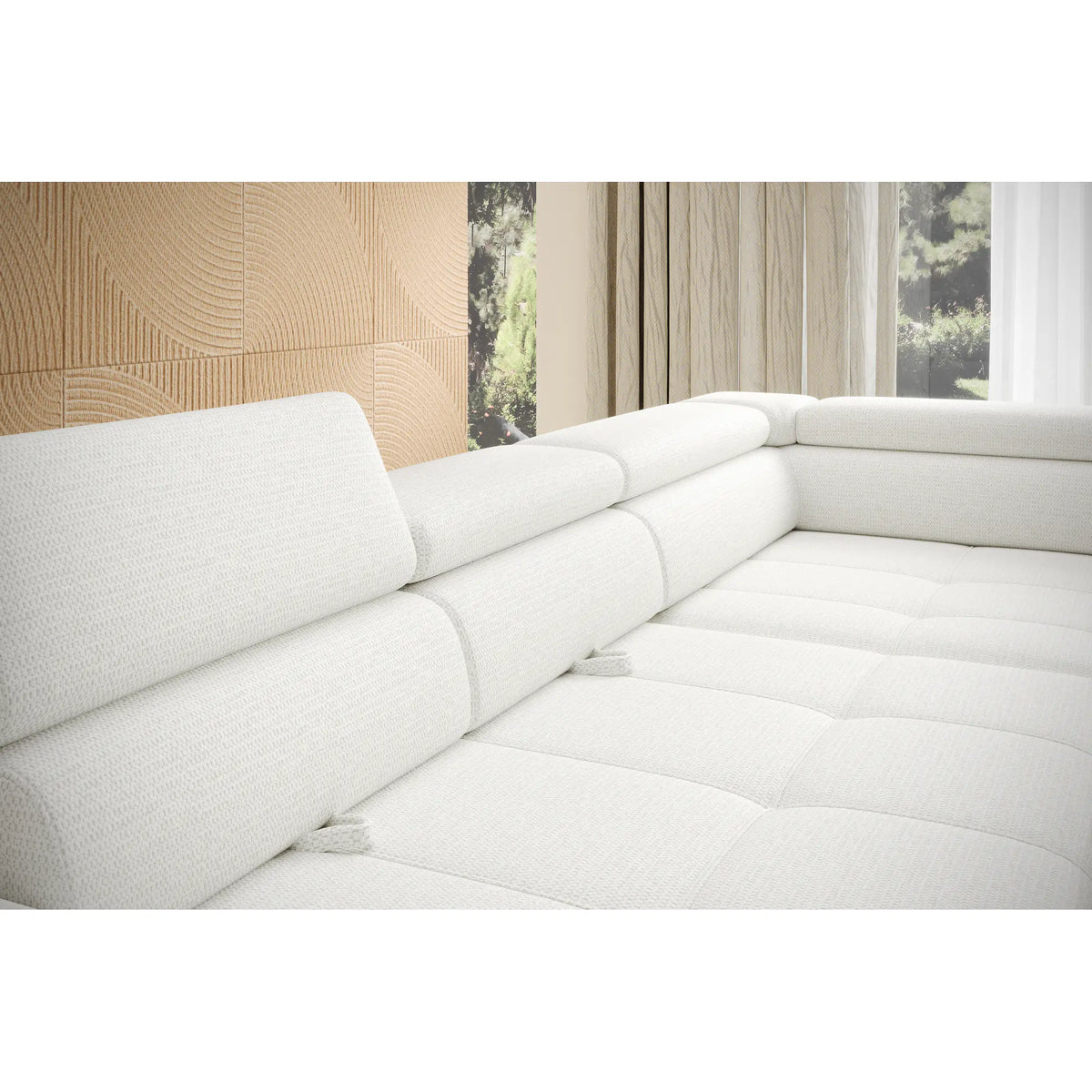 Coltar extensibil EMPOLI L, personalizabil materiale gama Oferta Avantaj, cu lada depozitare si tetiere reglabile, 289x218x94 cm