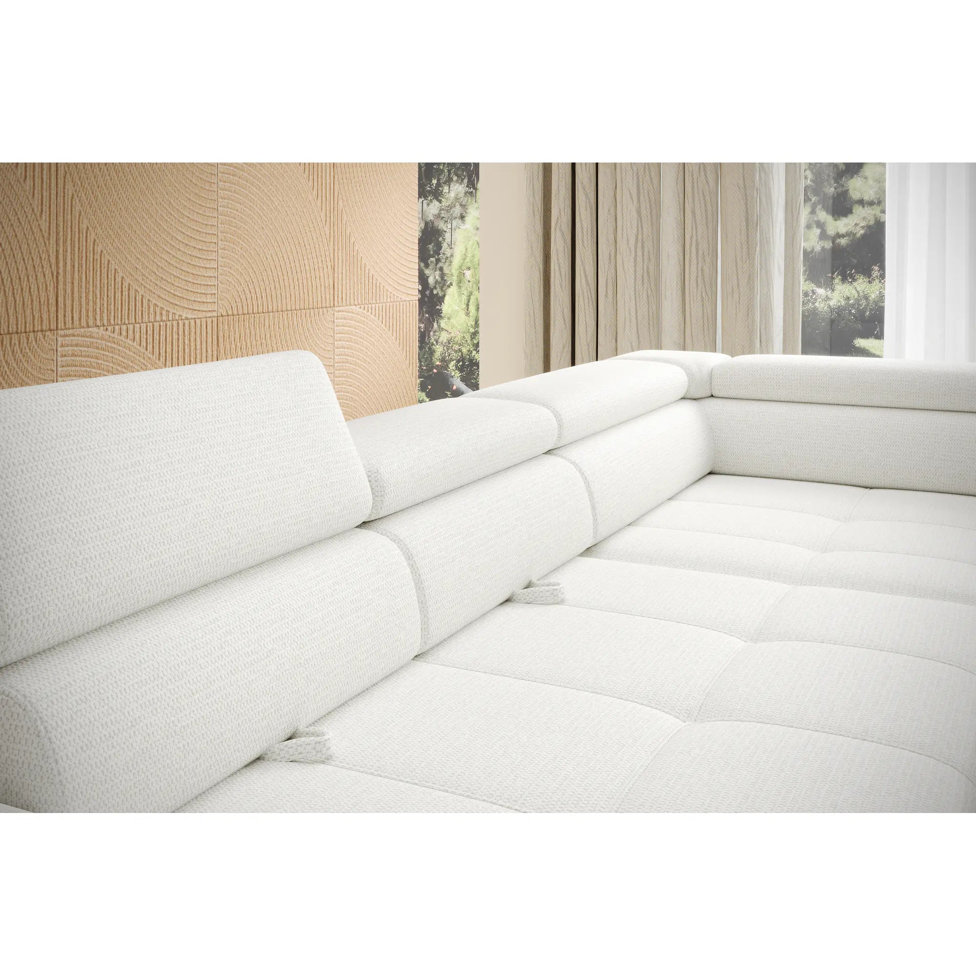 Coltar extensibil EMPOLI L, personalizabil materiale Gama Premium, cu lada depozitare si tetiere reglabile, 289x218x94 cm