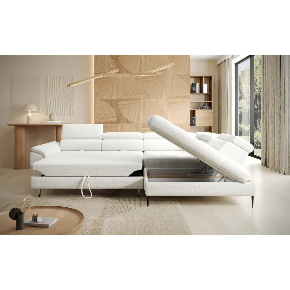 Coltar extensibil EMPOLI L, personalizabil materiale gama Oferta Avantaj, cu lada depozitare si tetiere reglabile, 289x218x94 cm