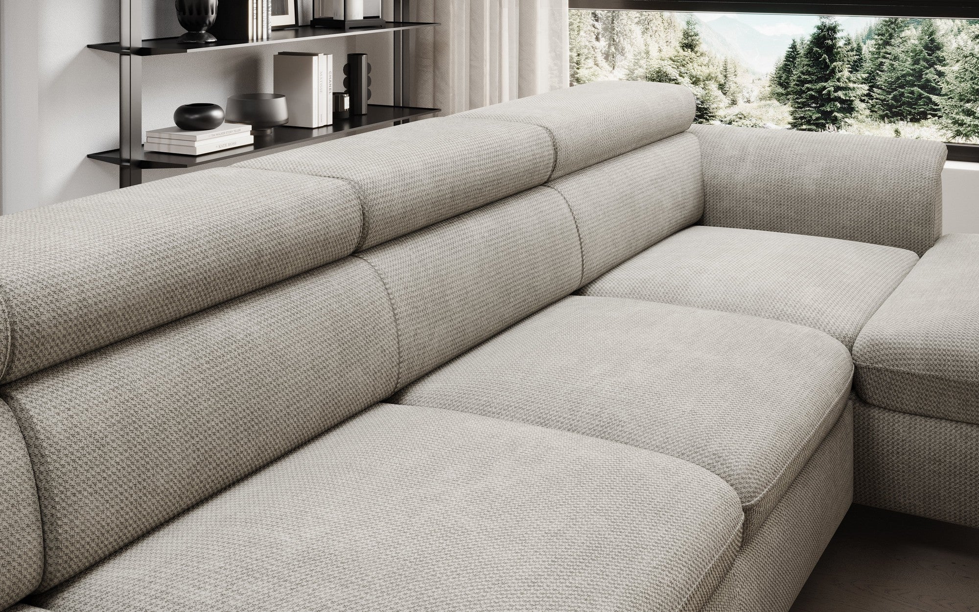Coltar extensibil RAVEN XL, personalizabil materiale Gama Premium, cu lada depozitare, 334x198x92 cm