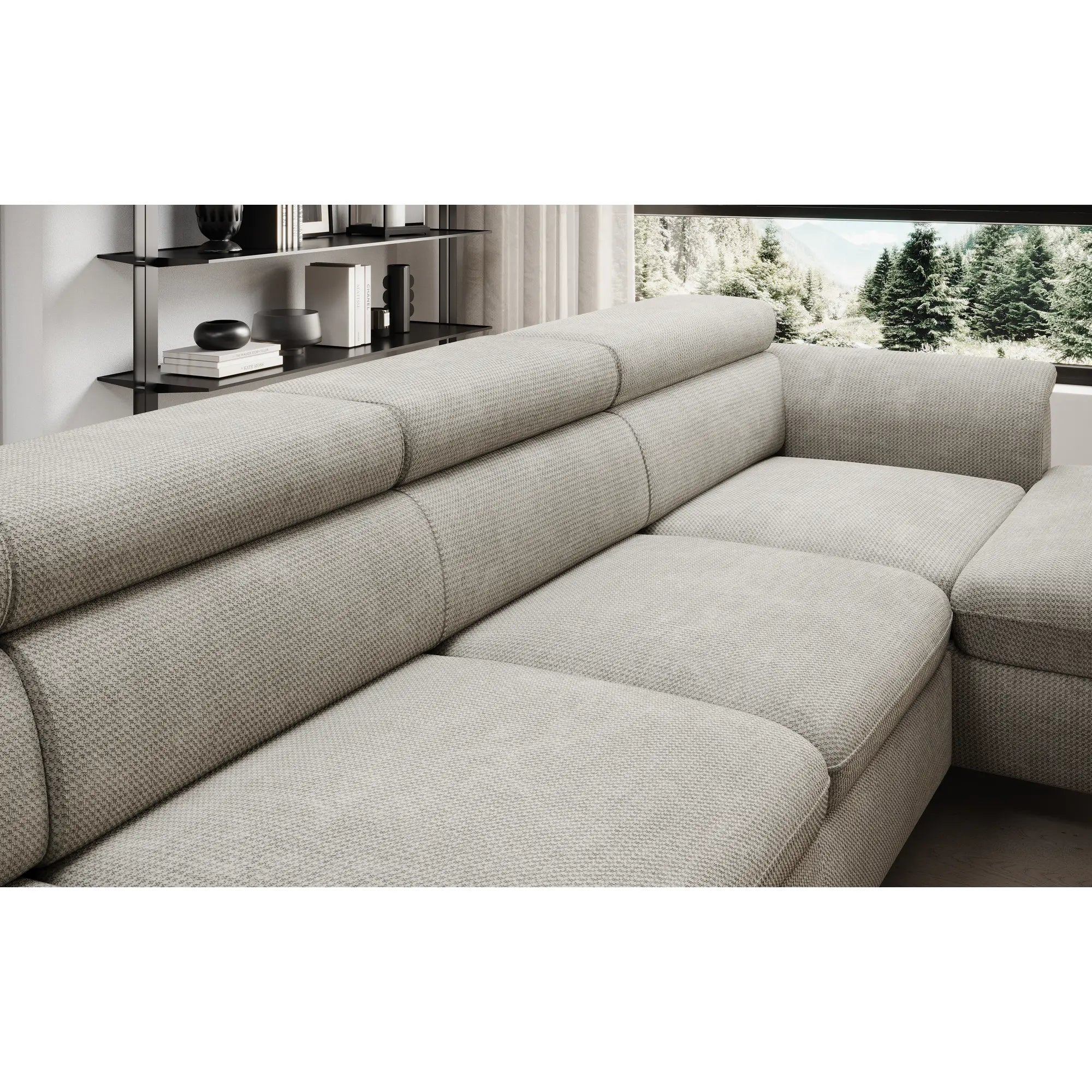 Coltar extensibil RAVEN XL, personalizabil materiale Gama Premium, cu lada depozitare, 334x198x92 cm