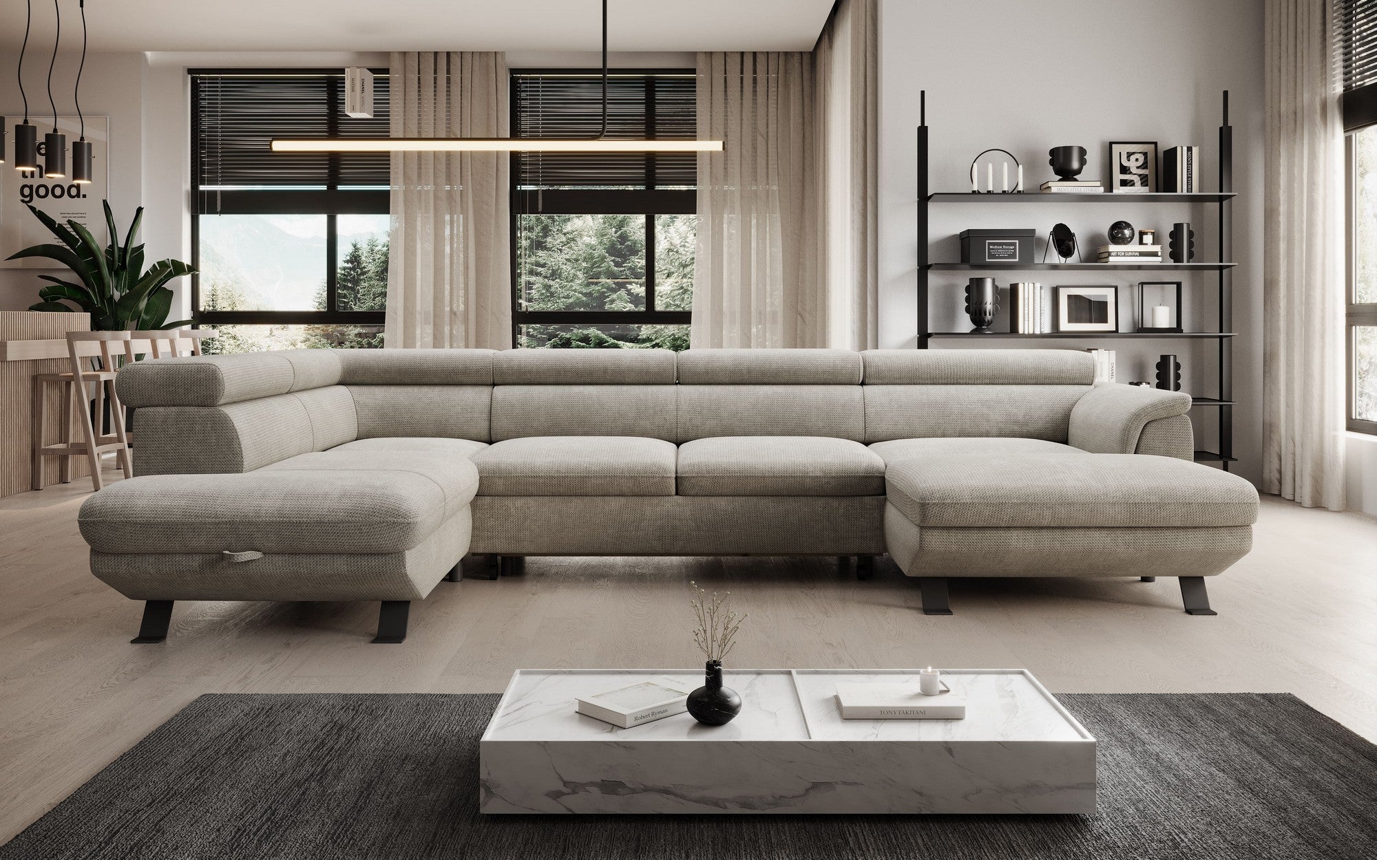Coltar extensibil RAVEN XL, personalizabil materiale Gama Premium, cu lada depozitare, 334x198x92 cm