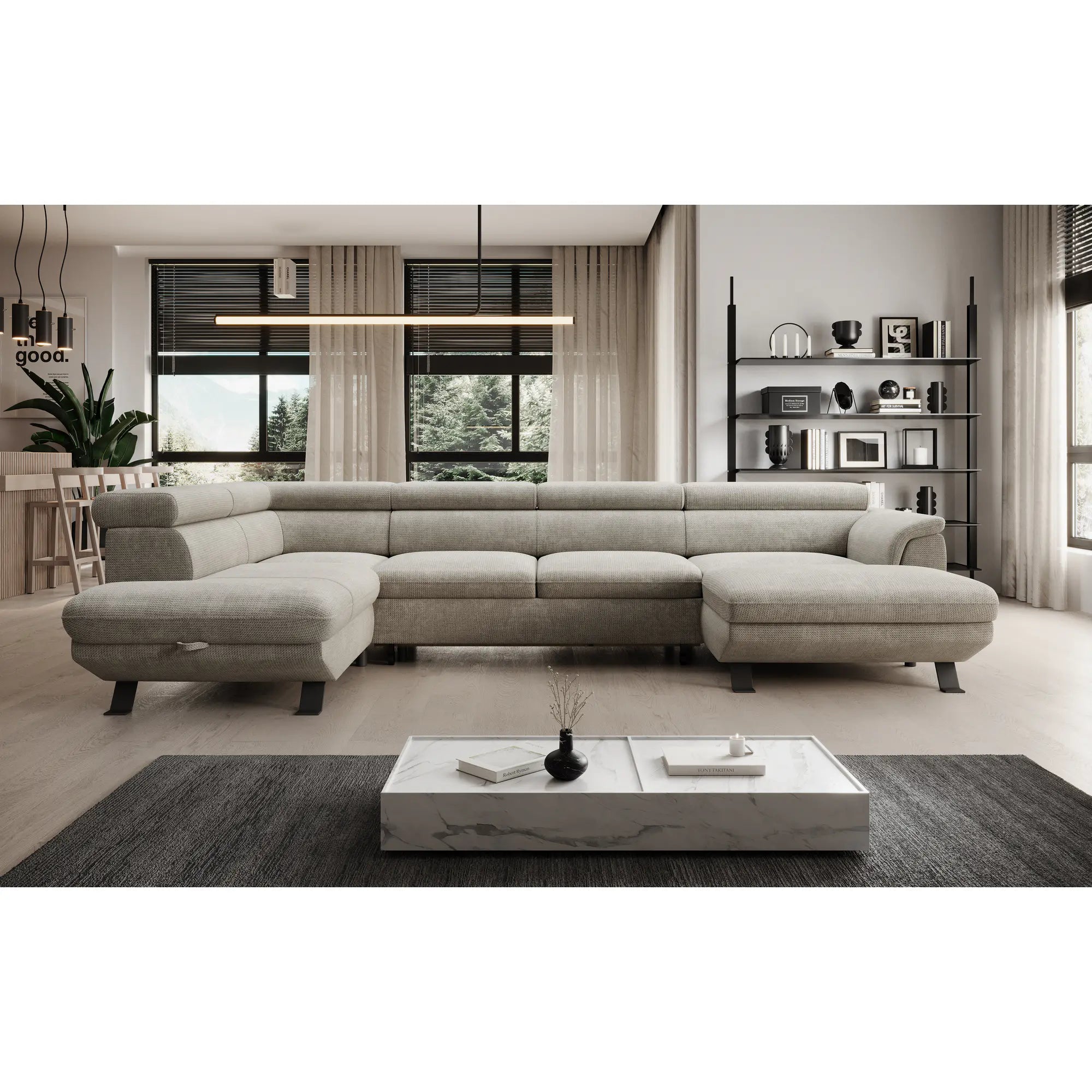 Coltar extensibil RAVEN XL, personalizabil materiale Gama Premium, cu lada depozitare, 334x198x92 cm