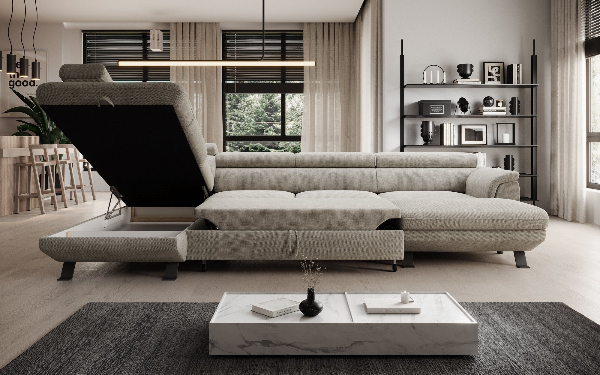 Coltar extensibil RAVEN XL, personalizabil materiale Gama Premium, cu lada depozitare, 334x198x92 cm