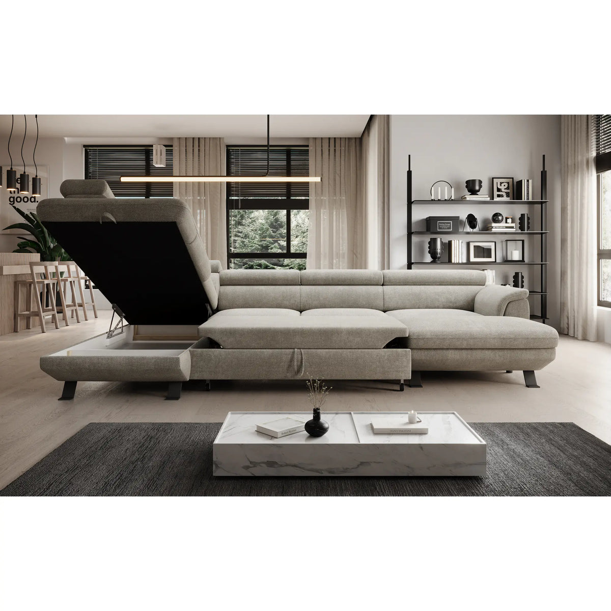 Coltar extensibil RAVEN XL, personalizabil materiale Gama Oferta Avantaj, cu lada depozitare, 334x198x92 cm