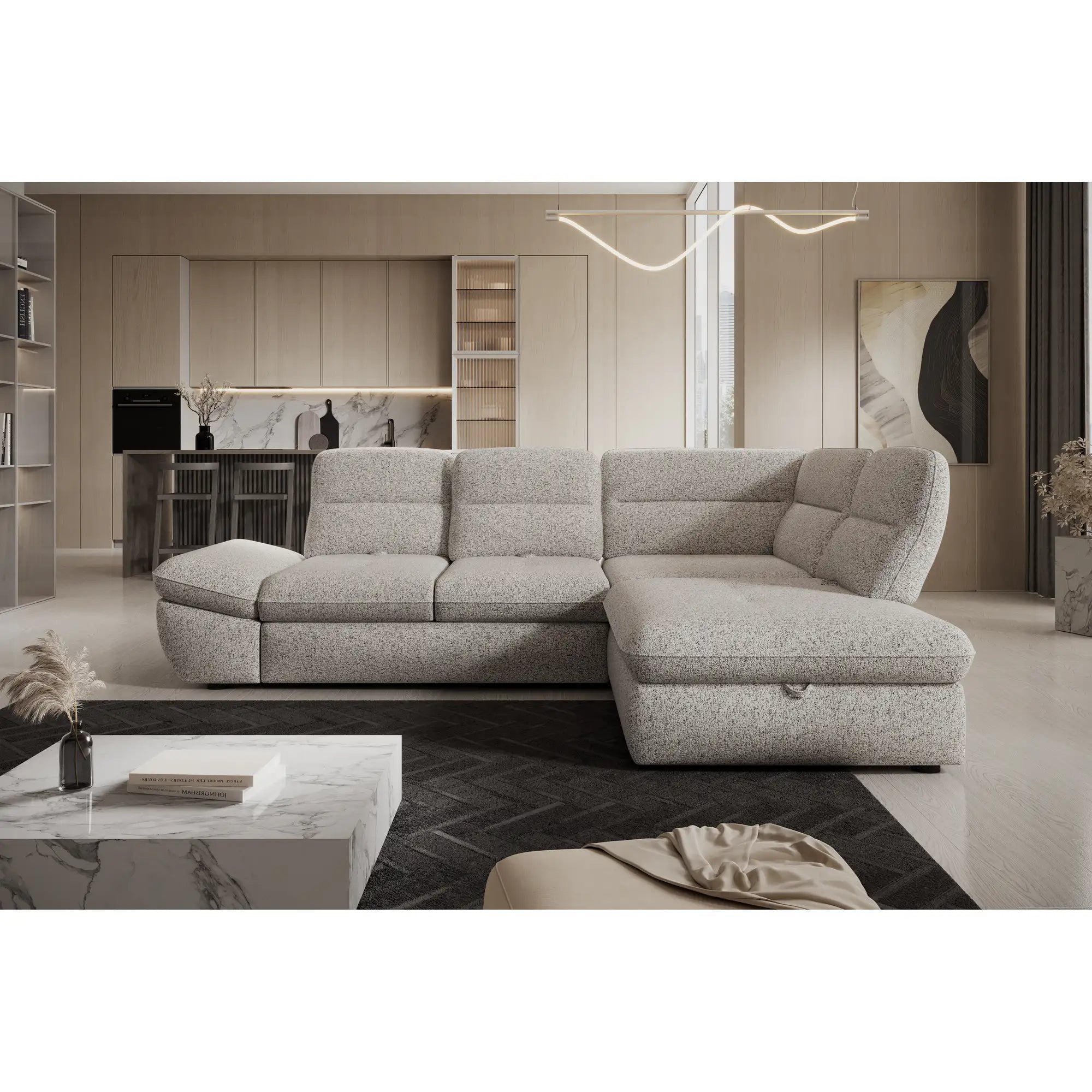 Coltar extensibil GALIANO L, personalizabil materiale gama Premium, cu lada depozitare si tetiere reglabile, 270x210x88 cm