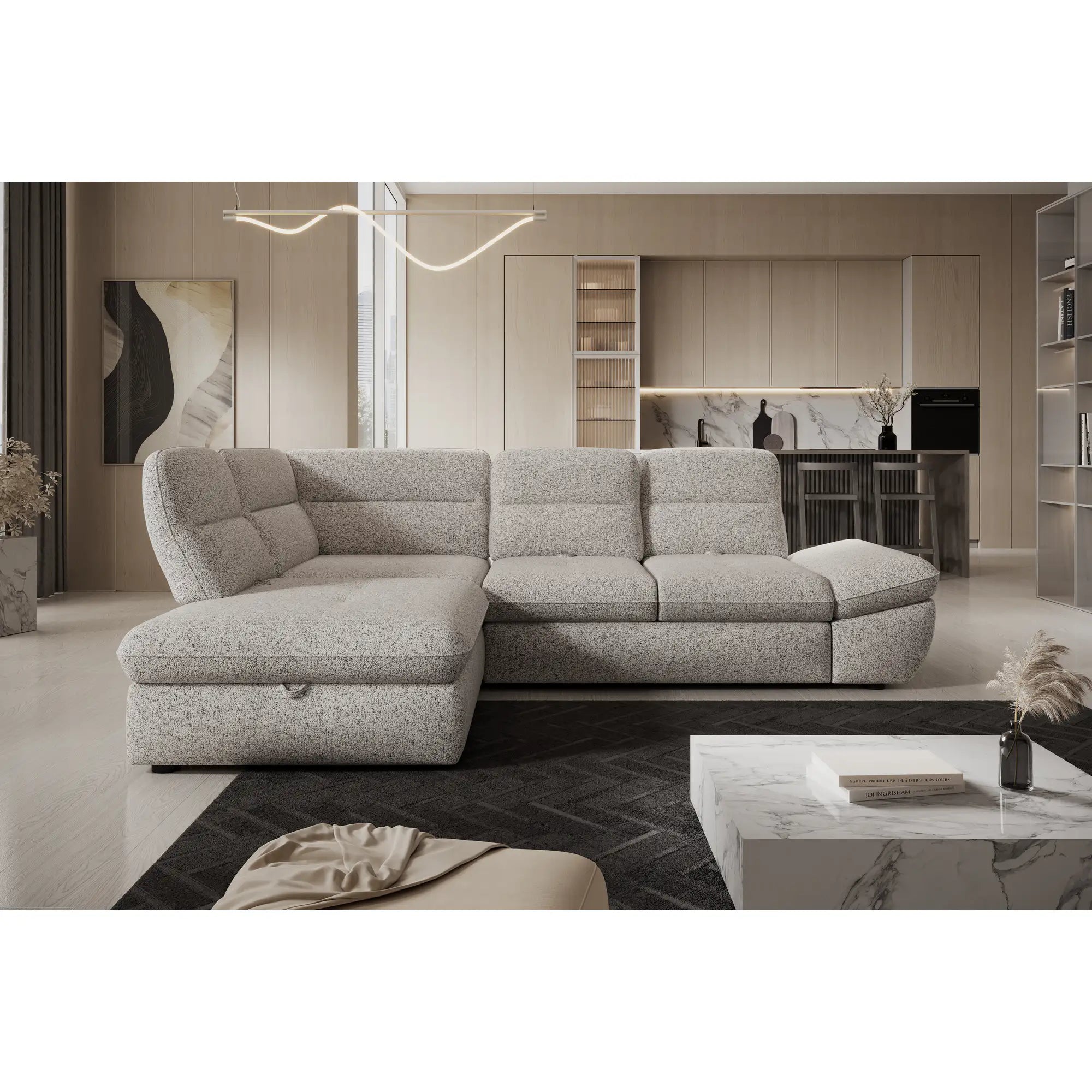 Coltar extensibil GALIANO L, personalizabil materiale gama Oferta Avantaj, cu lada depozitare si tetiere reglabile, 270x210x88 cm