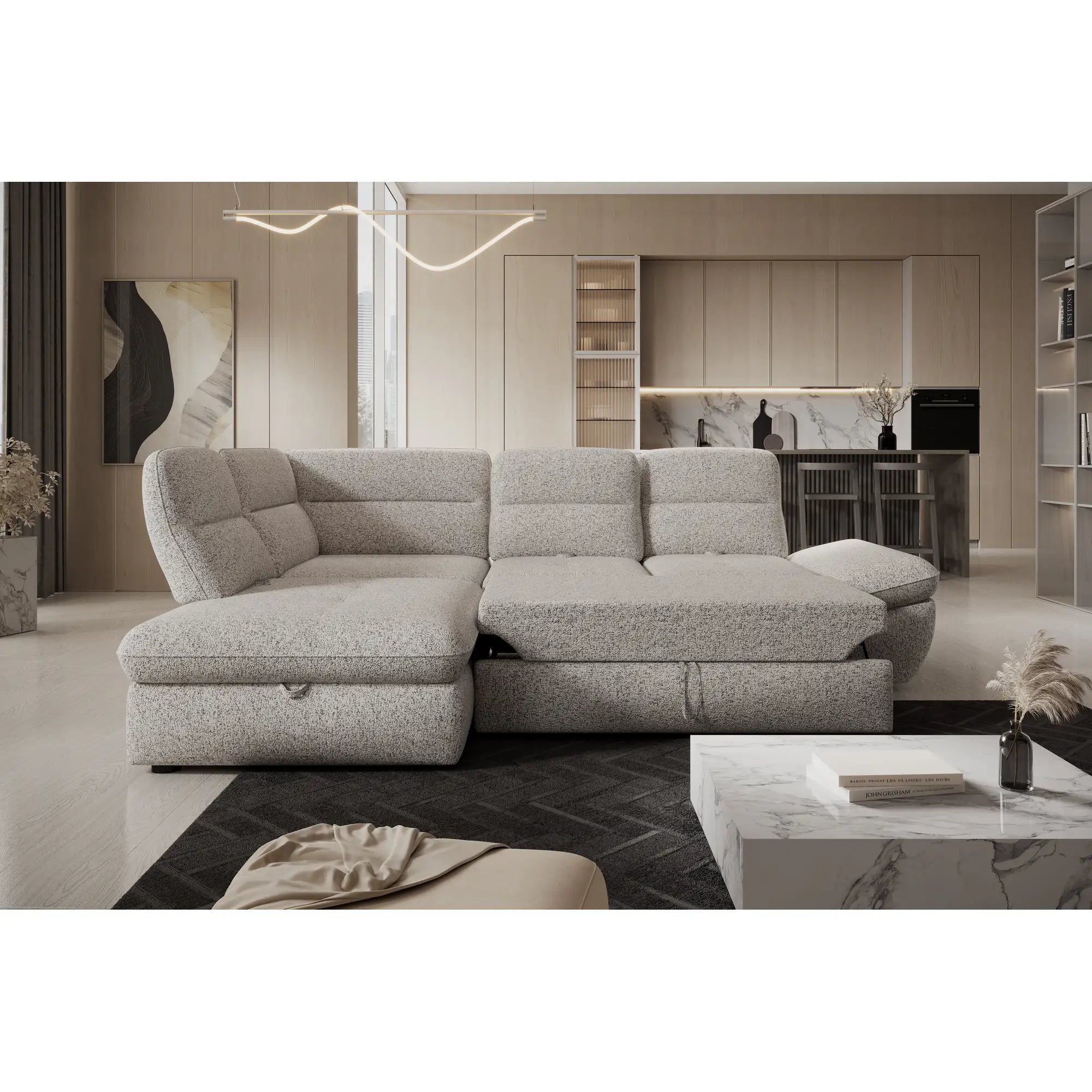 Coltar extensibil GALIANO L, personalizabil materiale gama Premium, cu lada depozitare si tetiere reglabile, 270x210x88 cm