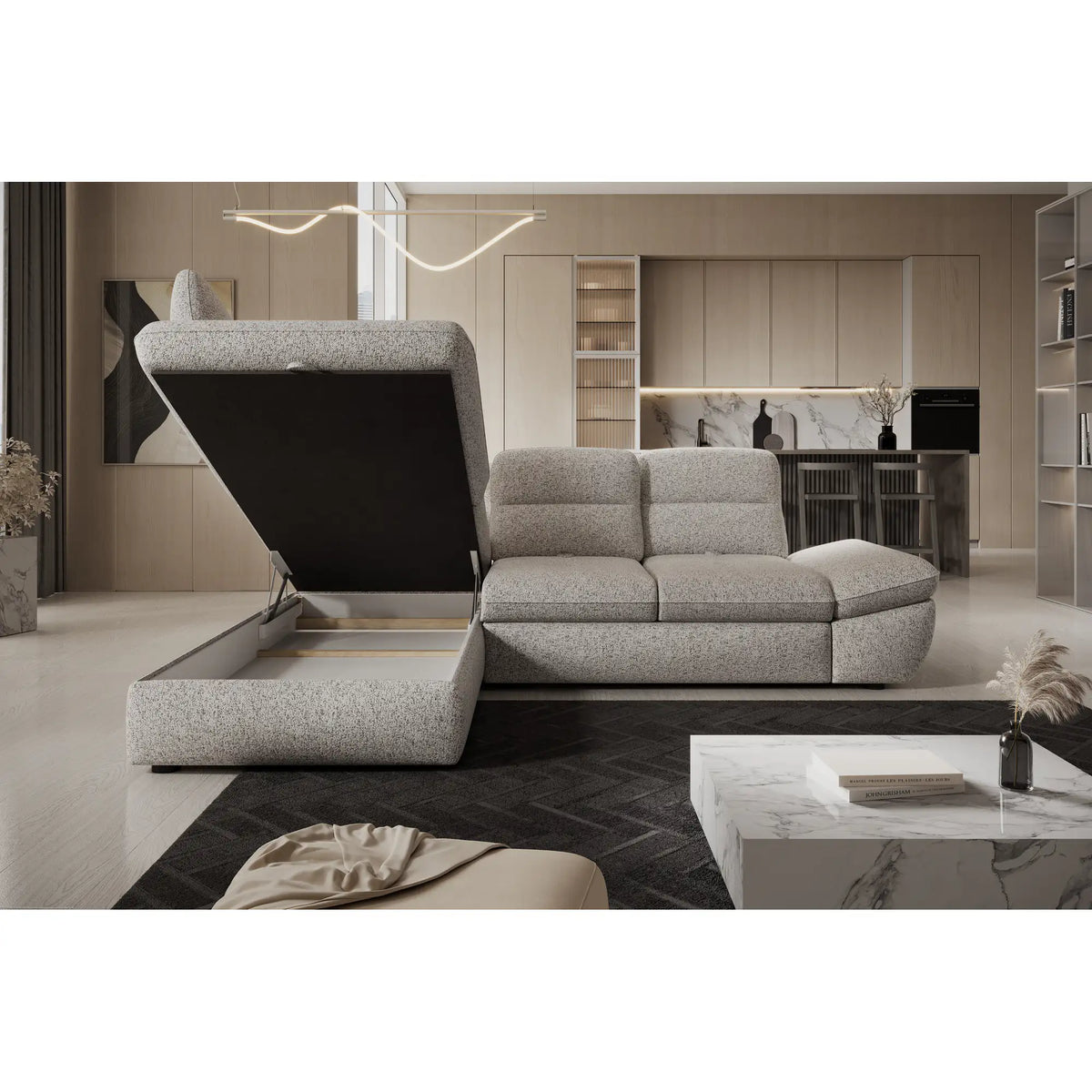 Coltar extensibil GALIANO L, personalizabil materiale gama Premium, cu lada depozitare si tetiere reglabile, 270x210x88 cm