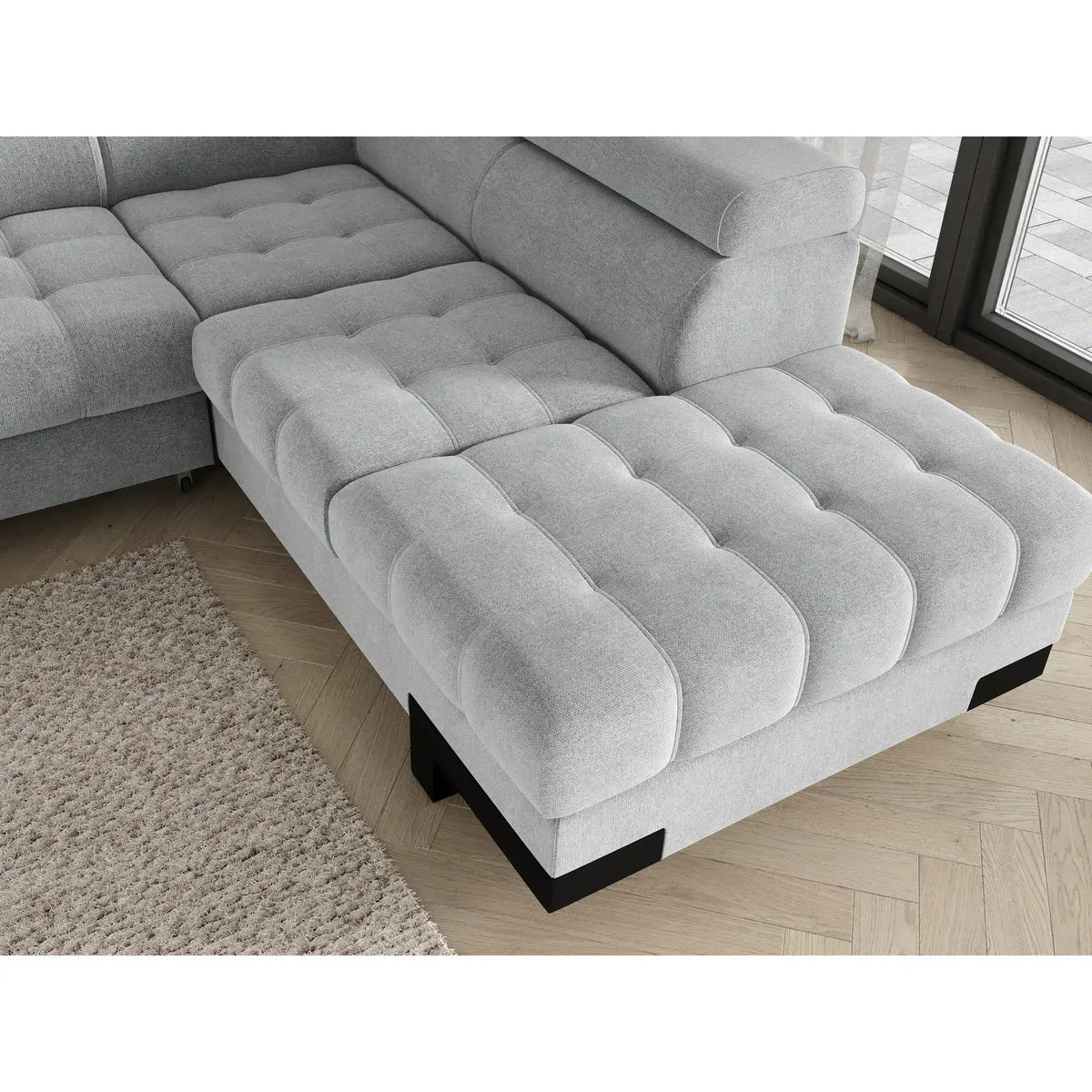 Coltar extensibil cu lada SELVA L, sezlong dreapta, stofa catifelata bej - Whisper 03, Gama Premium, tetiere reglabile, 263x223x95 cm
