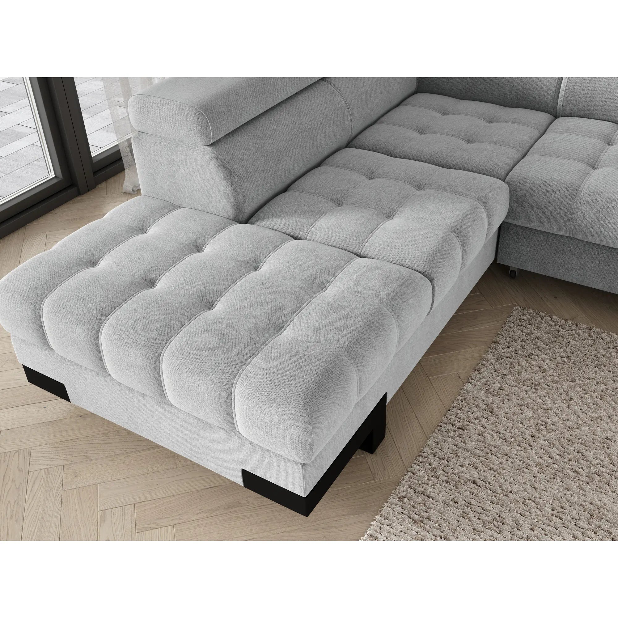 Coltar extensibil SELVA L, sezlong stanga, stofa catifelata albastru - Palladium 14, Gama Premium, cu lada depozitare si tetiere reglabile, 263x223x95 cm