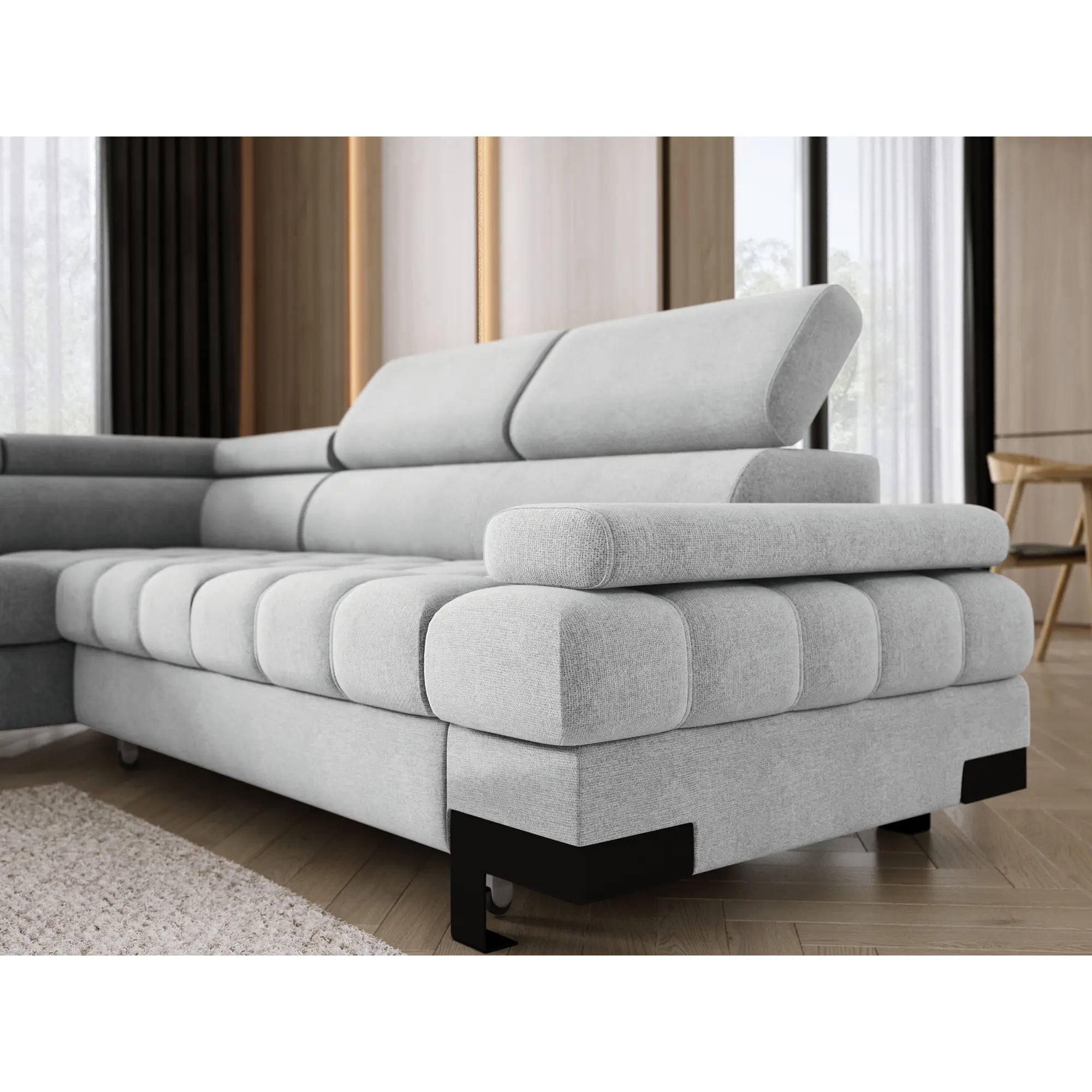 Coltar extensibil SELVA L, sezlong stanga, stofa catifelata albastru - Palladium 14, Gama Premium, cu lada depozitare si tetiere reglabile, 263x223x95 cm