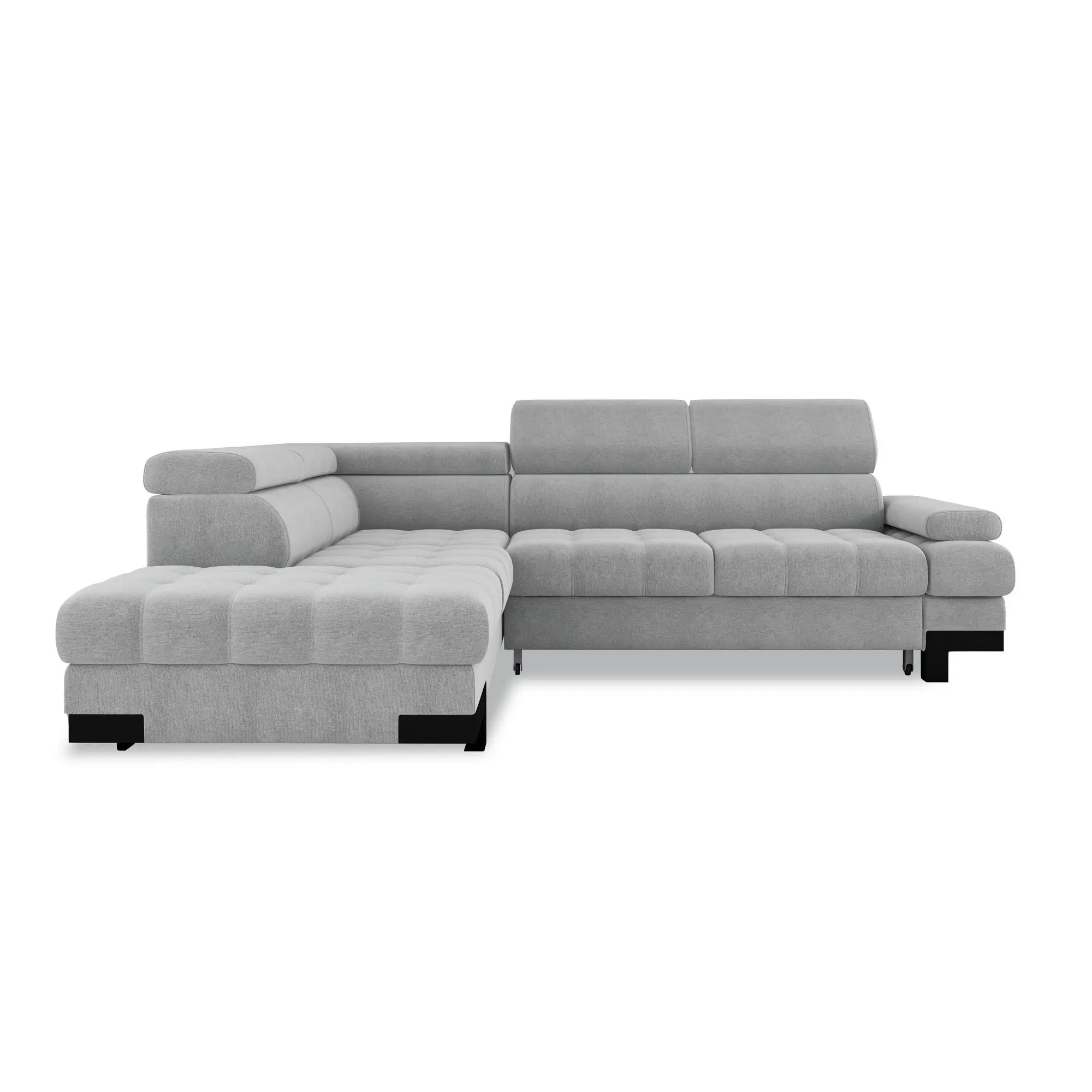 Coltar extensibil SELVA L, sezlong stanga, stofa catifelata albastru - Palladium 14, Gama Premium, cu lada depozitare si tetiere reglabile, 263x223x95 cm