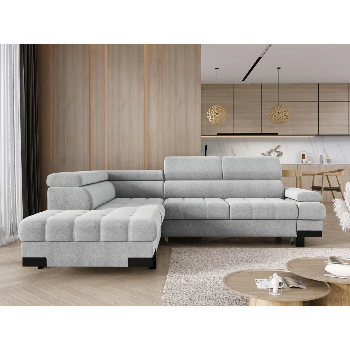 Coltar extensibil SELVA L, sezlong stanga, stofa catifelata albastru - Palladium 14, Gama Premium, cu lada depozitare si tetiere reglabile, 263x223x95 cm