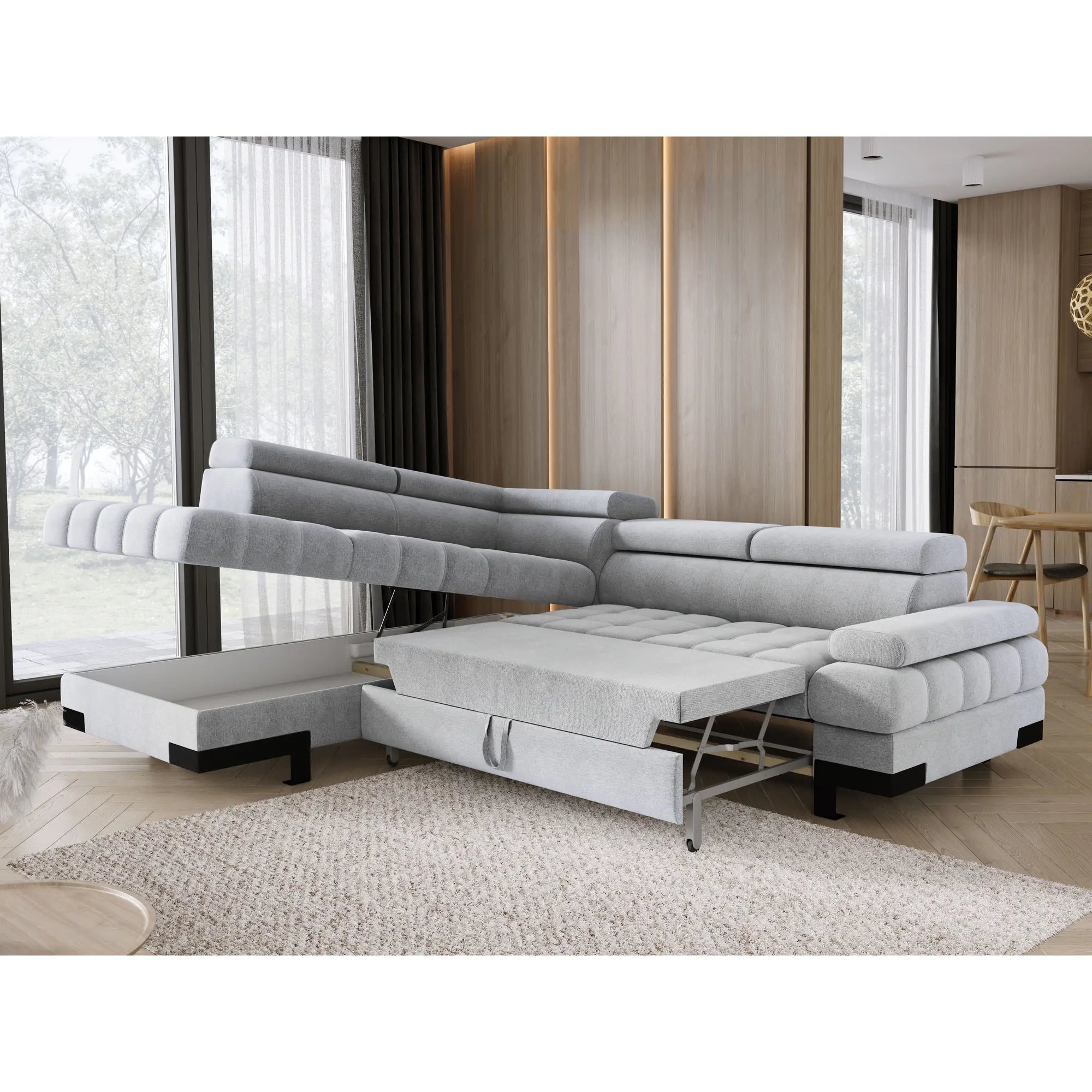 Coltar extensibil SELVA L, sezlong stanga, stofa catifelata albastru - Palladium 14, Gama Premium, cu lada depozitare si tetiere reglabile, 263x223x95 cm