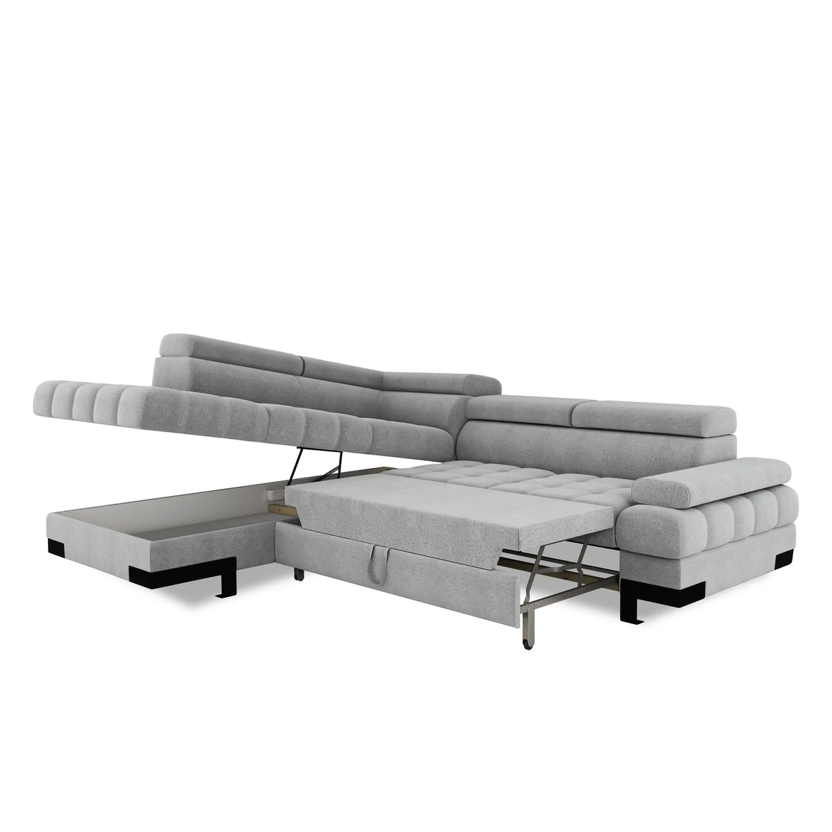 Coltar extensibil SELVA L, sezlong stanga, stofa catifelata albastru - Palladium 14, Gama Premium, cu lada depozitare si tetiere reglabile, 263x223x95 cm