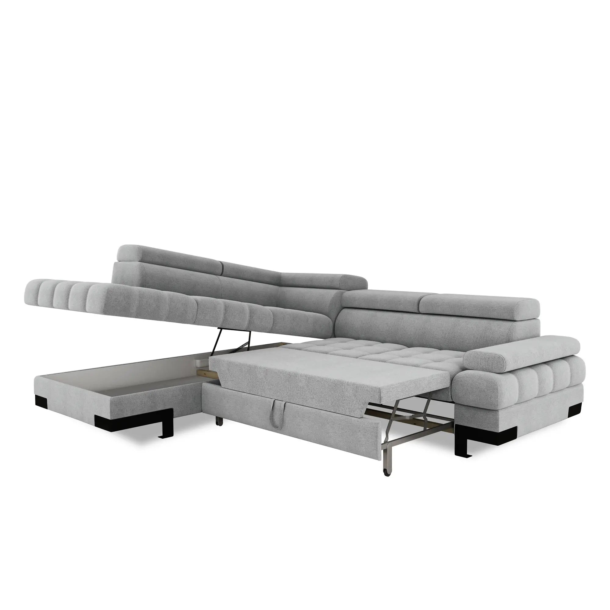 Coltar extensibil SELVA L, sezlong stanga, stofa catifelata albastru - Palladium 14, Gama Premium, cu lada depozitare si tetiere reglabile, 263x223x95 cm