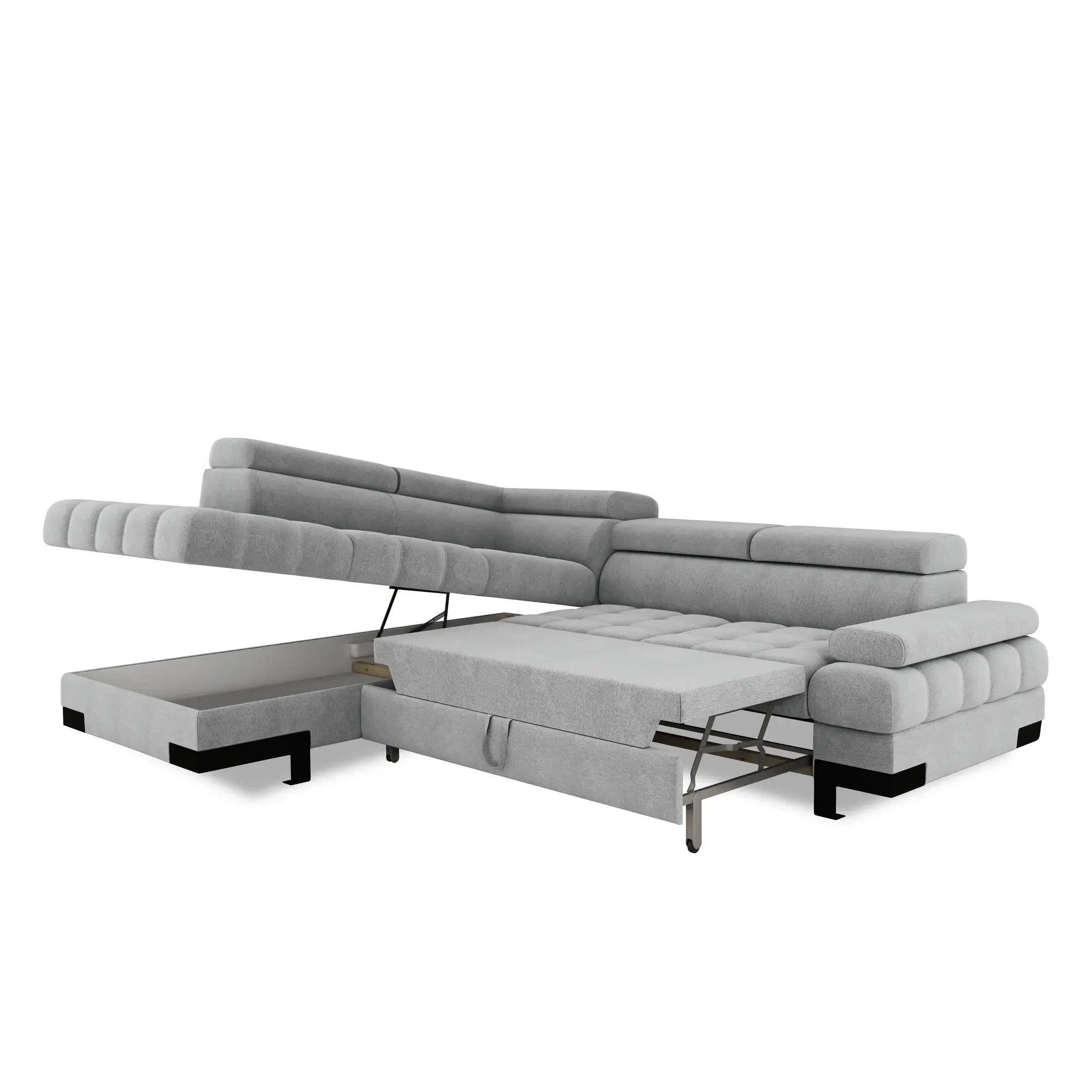 Coltar extensibil SELVA L, sezlong stanga, stofa clasica gri - Austin 19, gama Oferta Avantaj, cu lada depozitare si tetiere reglabile,  263x223x95 cm