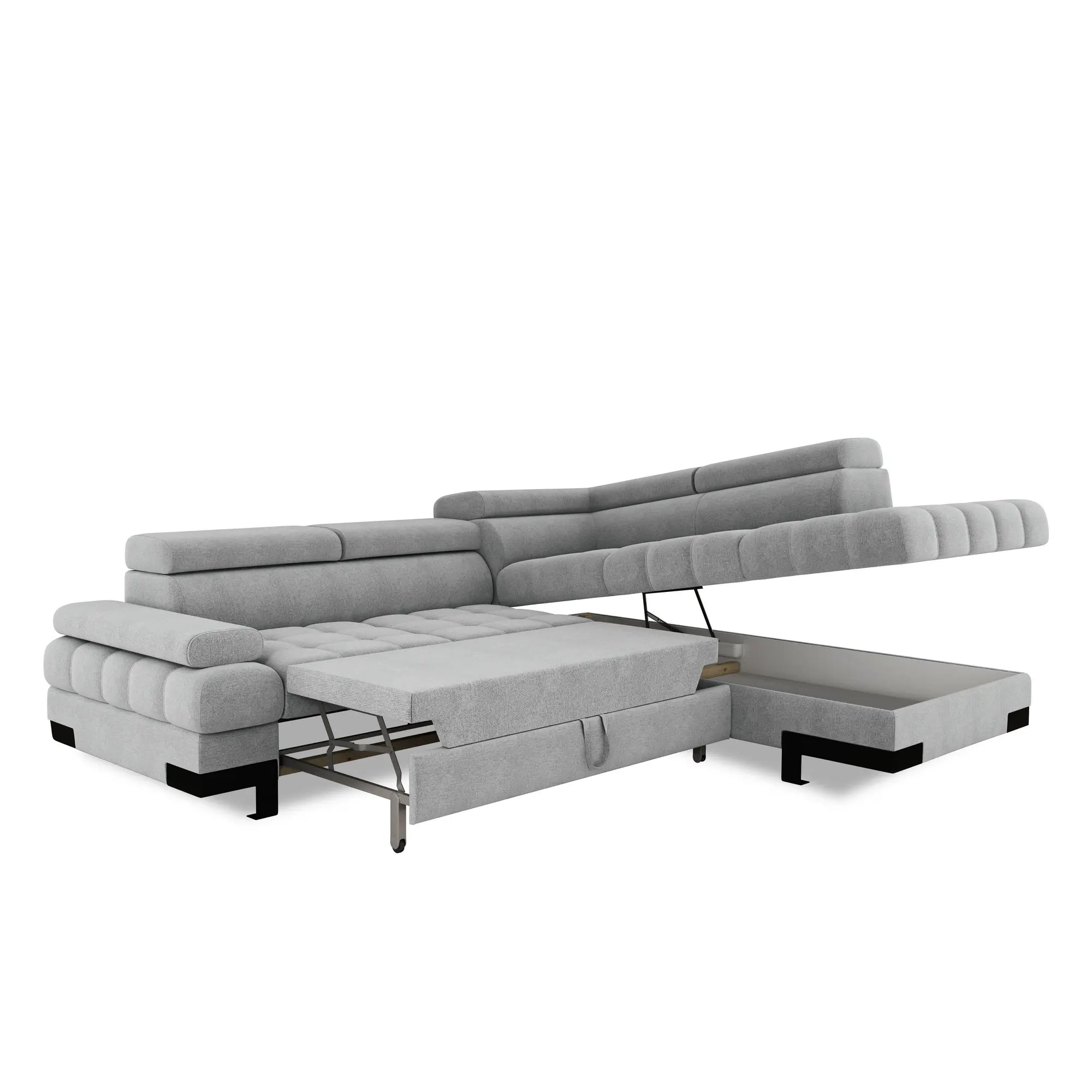 Coltar extensibil SELVA L, sezlong dreapta, stofa catifelata bej - Vogue 1, cu lada depozitare si tetiere reglabile, 263x223x95 cm