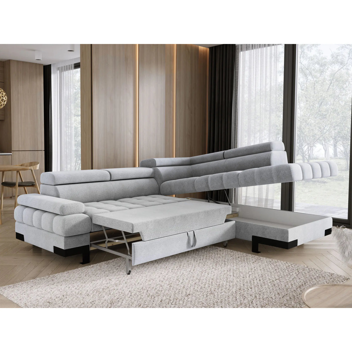 Coltar extensibil SELVA L, sezlong dreapta, stofa catifelata bej - Vogue 1, cu lada depozitare si tetiere reglabile, 263x223x95 cm