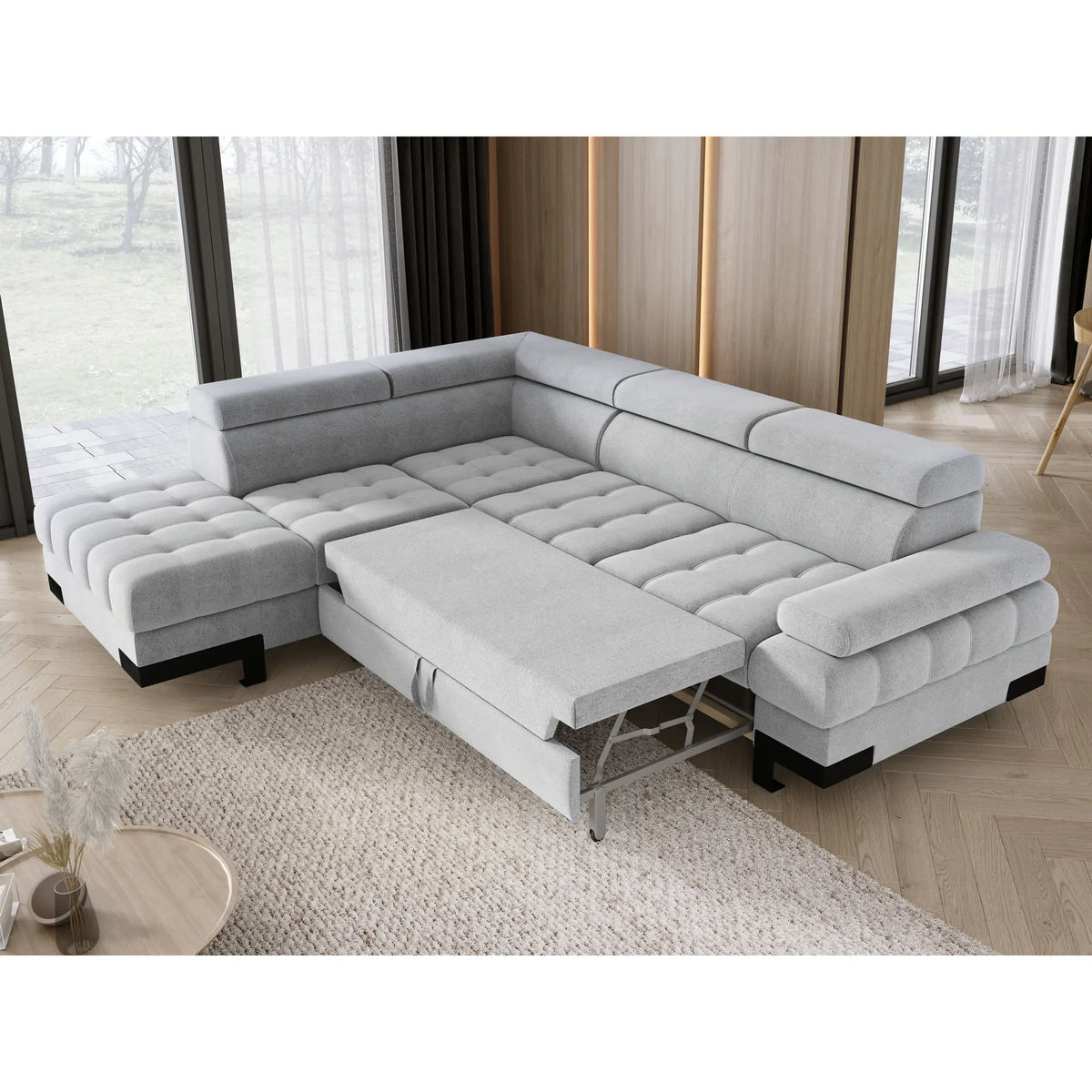 Coltar extensibil SELVA L, sezlong stanga, stofa catifelata albastru - Palladium 14, Gama Premium, cu lada depozitare si tetiere reglabile, 263x223x95 cm