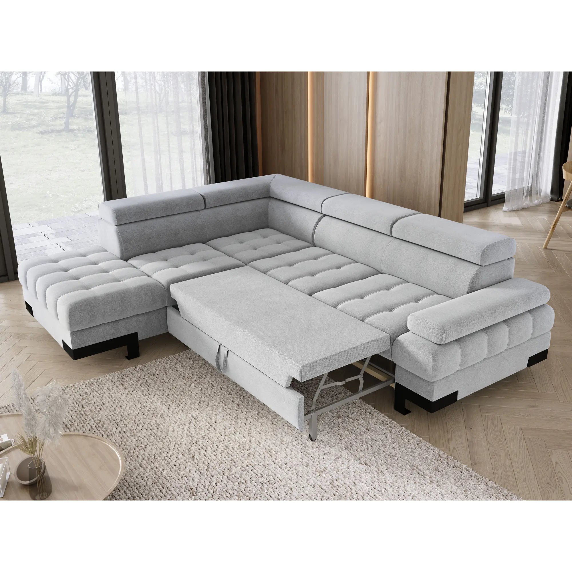 Coltar extensibil SELVA L, sezlong stanga, stofa catifelata albastru - Palladium 14, Gama Premium, cu lada depozitare si tetiere reglabile, 263x223x95 cm