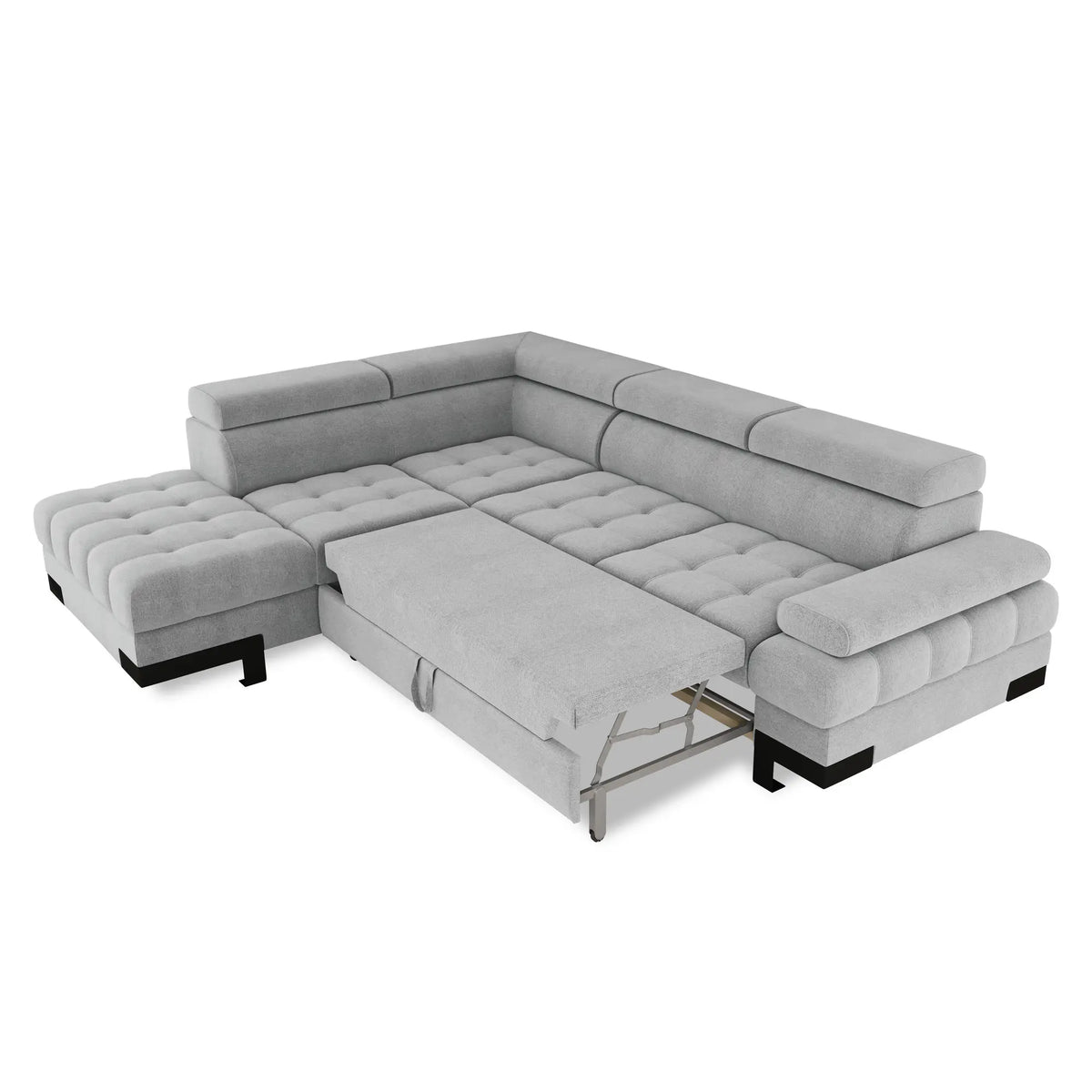 Coltar extensibil SELVA L, sezlong stanga, stofa catifelata albastru - Palladium 14, Gama Premium, cu lada depozitare si tetiere reglabile, 263x223x95 cm