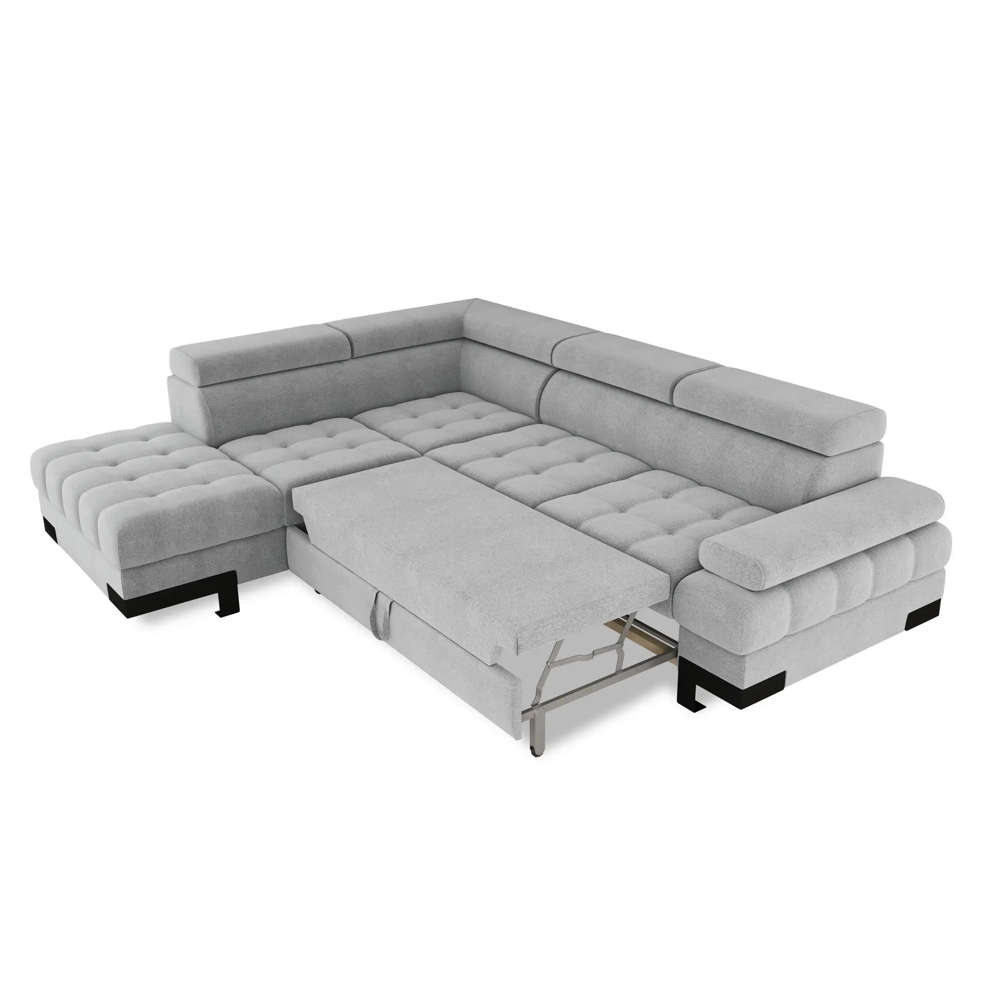 Coltar extensibil SELVA L, sezlong stanga, stofa catifelata albastru - Palladium 14, Gama Premium, cu lada depozitare si tetiere reglabile, 263x223x95 cm