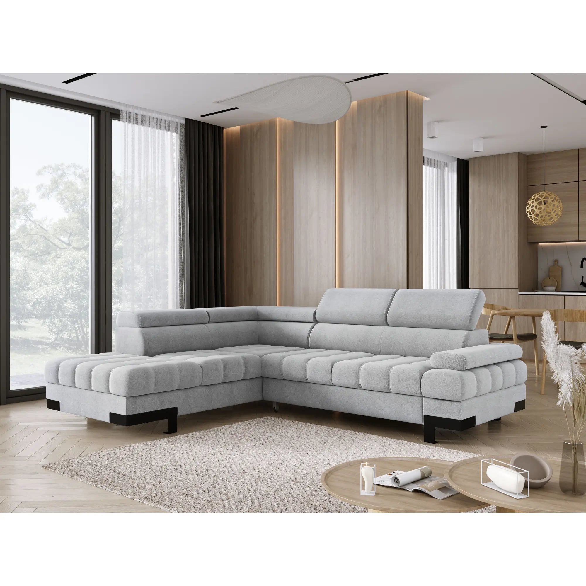 Coltar extensibil SELVA L, sezlong stanga, stofa catifelata albastru - Palladium 14, Gama Premium, cu lada depozitare si tetiere reglabile, 263x223x95 cm