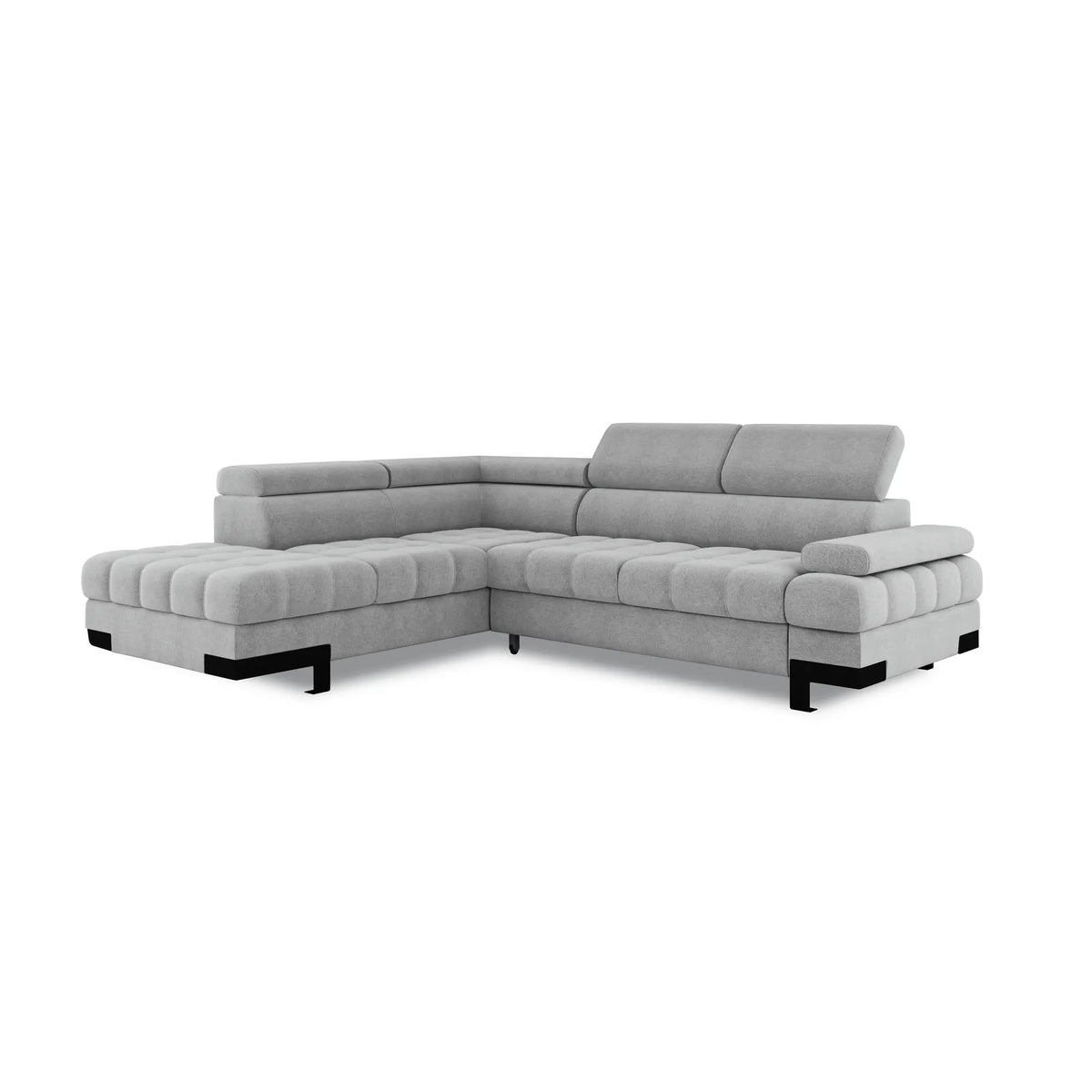 Coltar extensibil SELVA L, sezlong stanga, stofa catifelata albastru - Palladium 14, Gama Premium, cu lada depozitare si tetiere reglabile, 263x223x95 cm