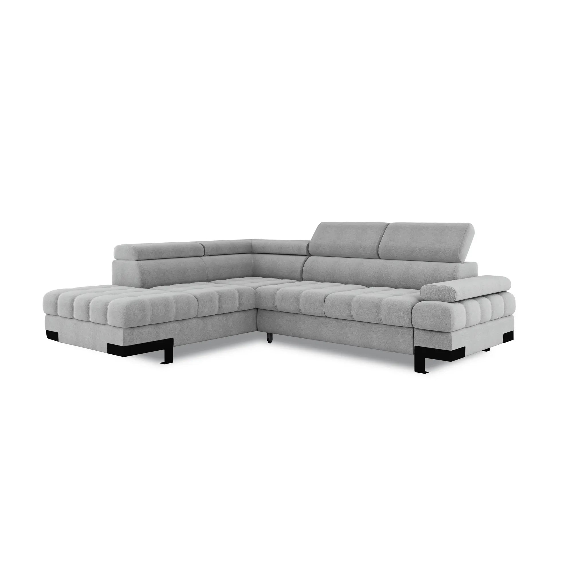 Coltar extensibil SELVA L, sezlong stanga, stofa catifelata albastru - Palladium 14, Gama Premium, cu lada depozitare si tetiere reglabile, 263x223x95 cm