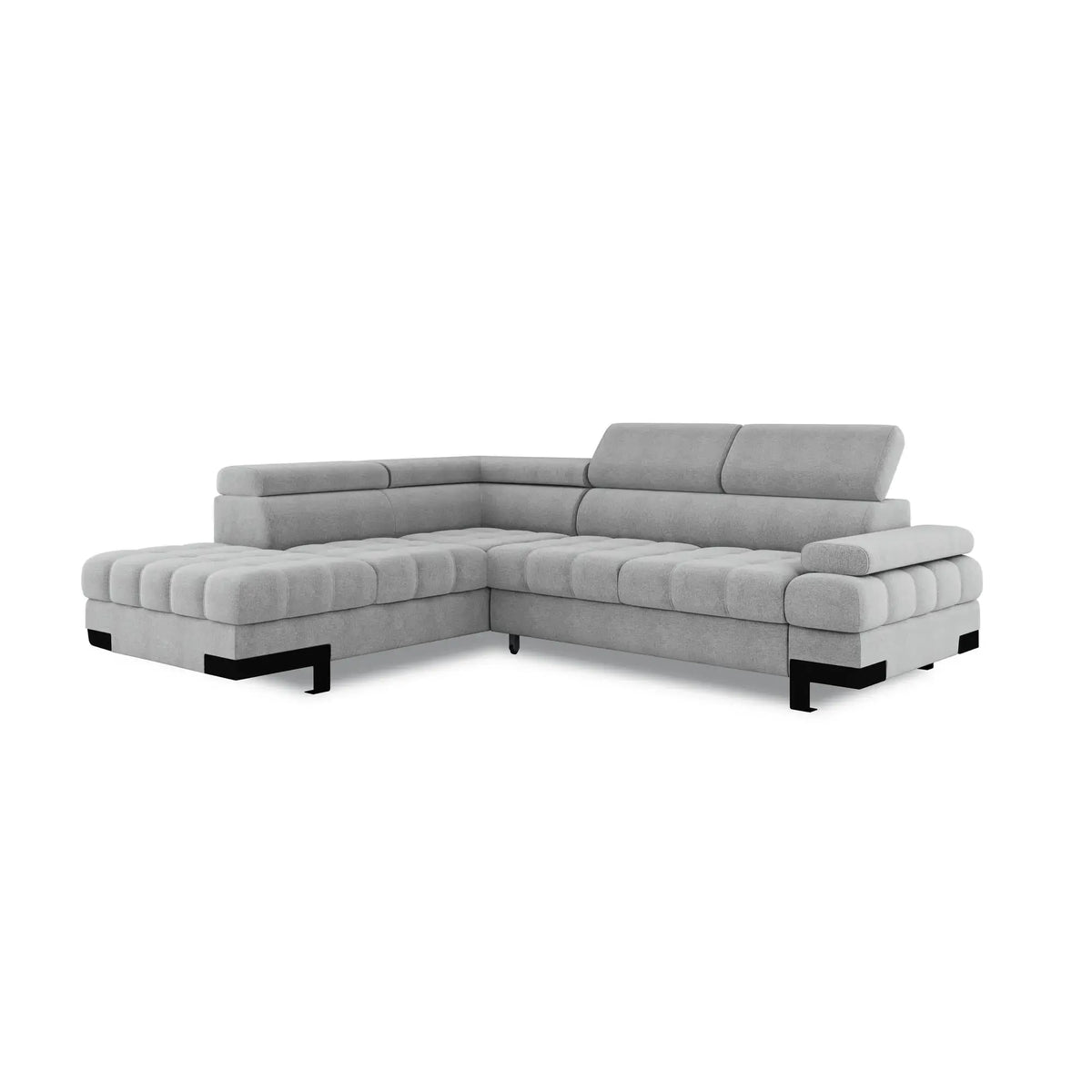 Coltar extensibil SELVA L, sezlong stanga, stofa clasica gri - Austin 19, gama Oferta Avantaj, cu lada depozitare si tetiere reglabile,  263x223x95 cm
