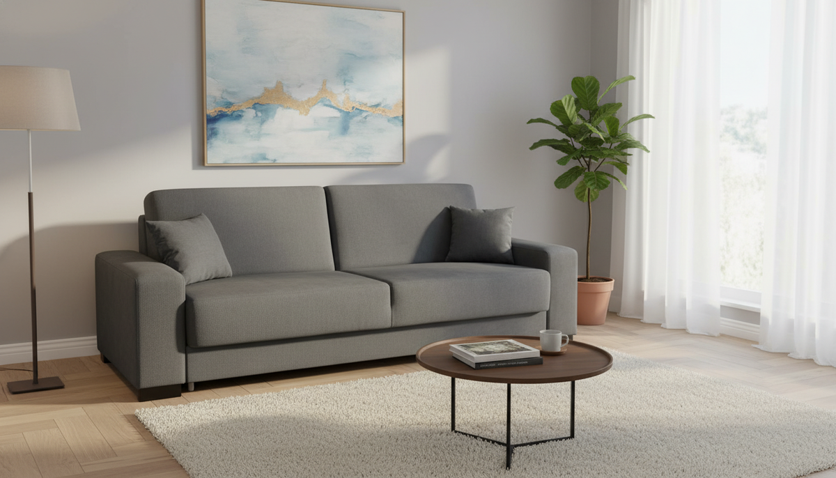 Canapea extensibila RUBIO, stofa catifelata gri - Matrix 17, cu lada depozitare, 232x95x81 cm