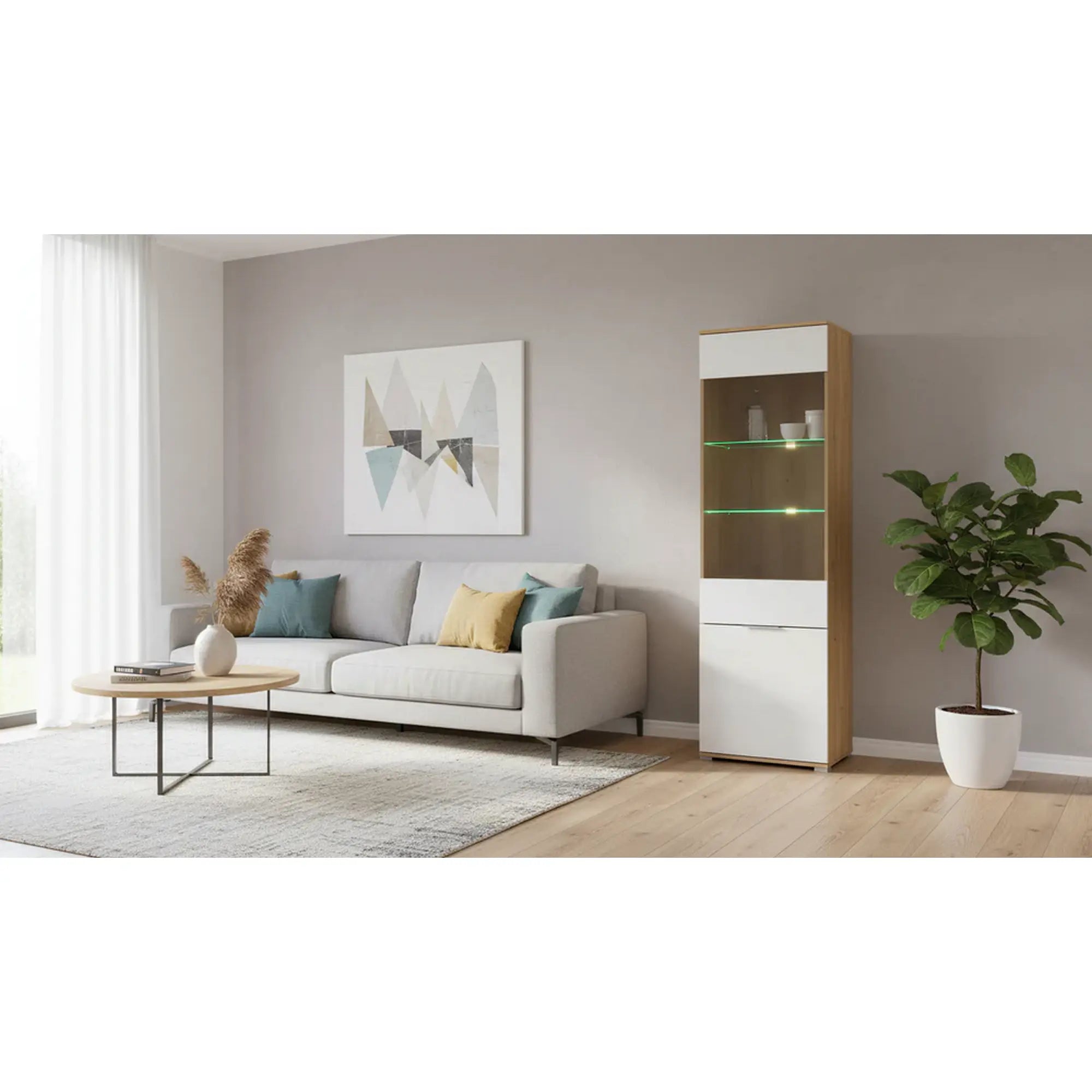 Vitrina ZELE, stejar wotan/alb lucios, PAL laminat, 56x41x195 cm