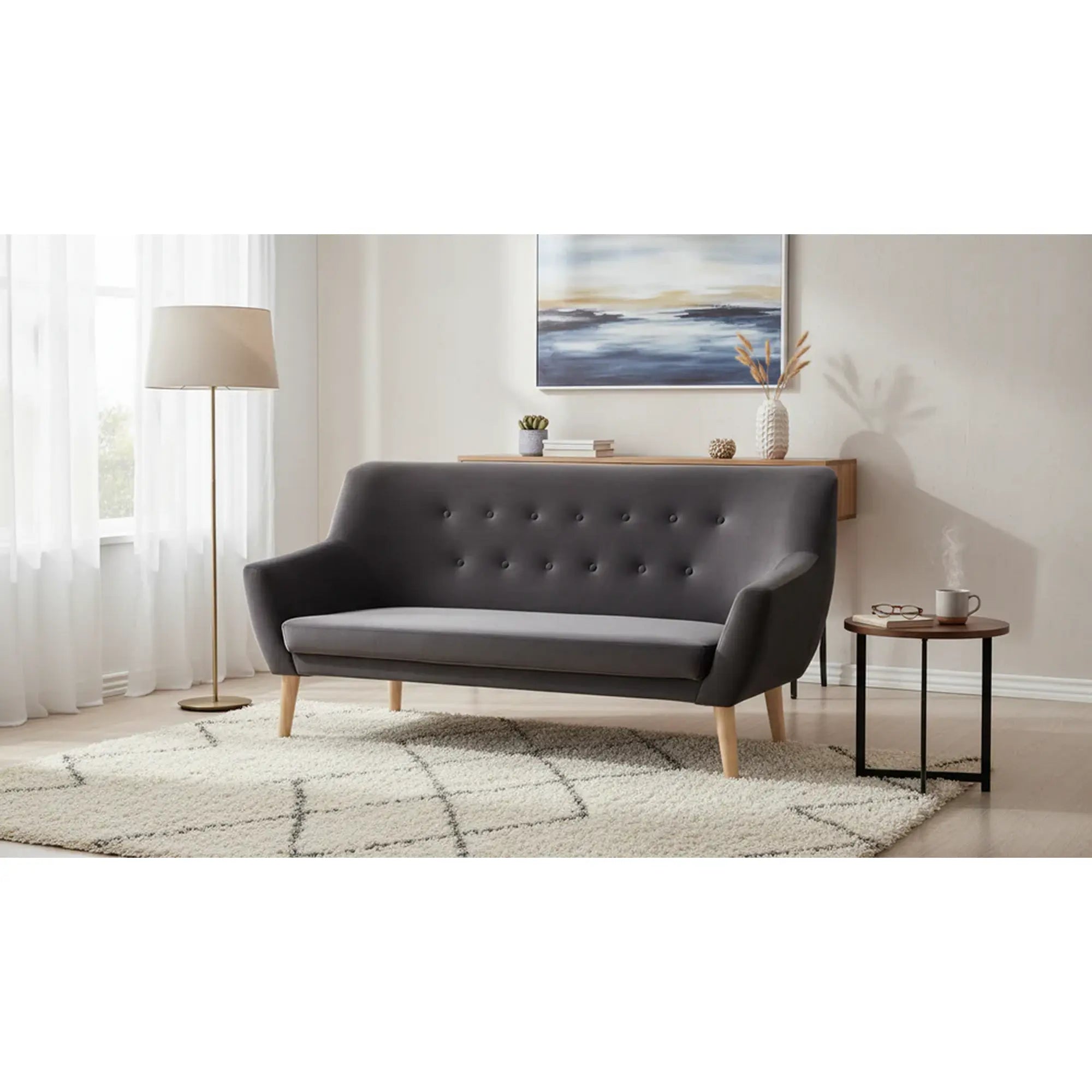Canapea NORDIC 3, gri - Bluvel 14, stofa catifelata/lemn de fag, 180x75x90 cm