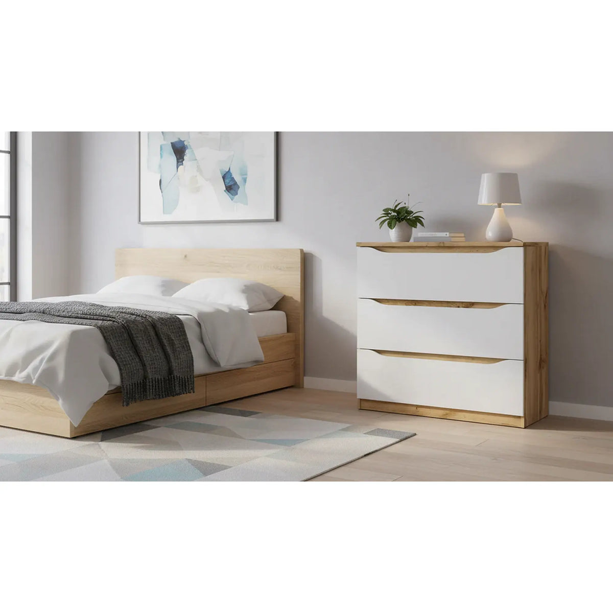 Comoda NUIS, stejar/alb lucios, 90x40x92 cm