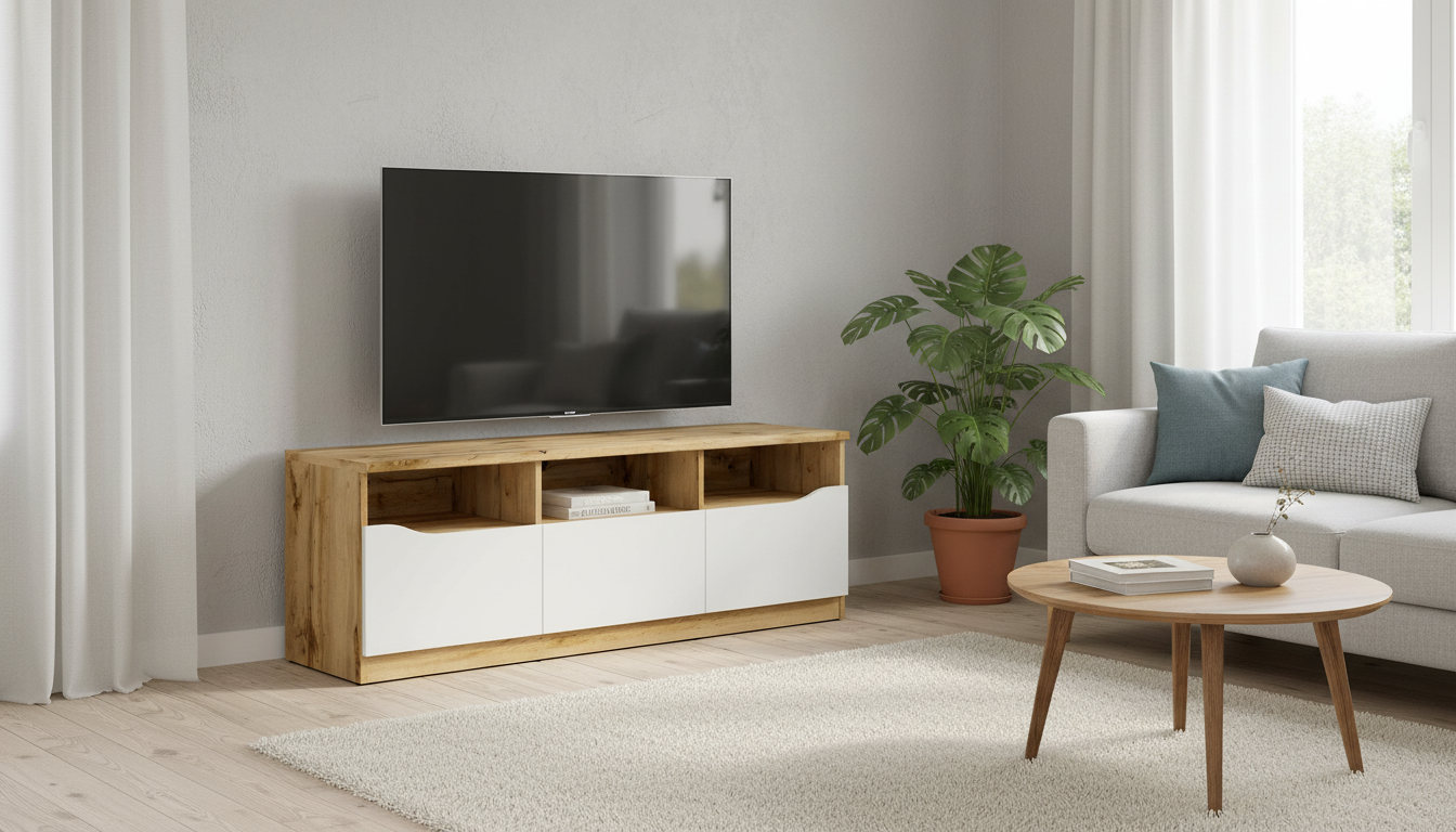 Comoda TV NUIS, stejar/alb lucios, 135x40x48 cm