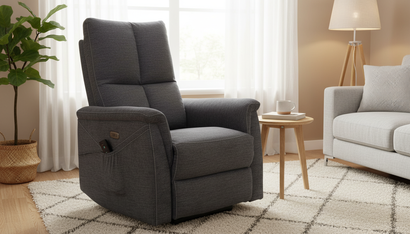 Fotoliu recliner cu functie de masaj NEPTUN M, stofa clasica gri inchis - Brego 18, 76x94/160x96 cm