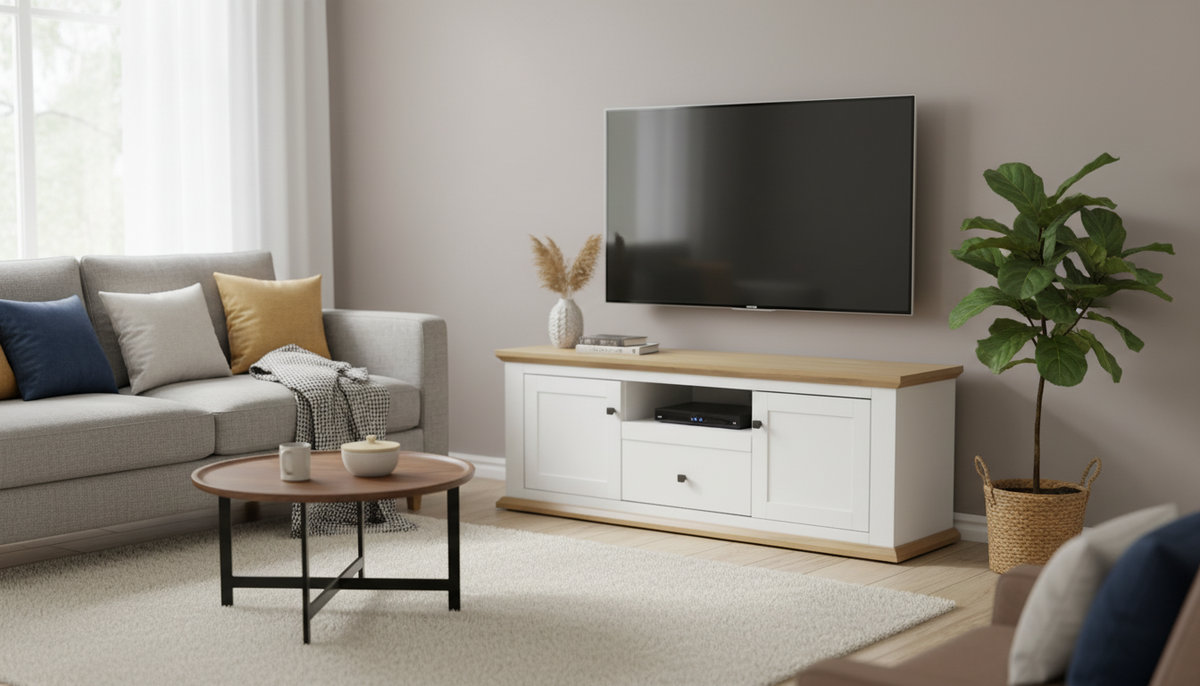 Comoda TV LEON MZ15, alb/stejar grand, DTD laminat, 150x45x55 cm
