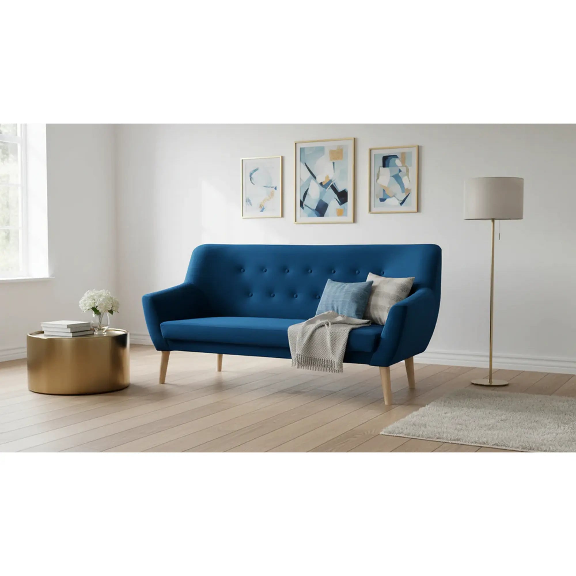 Canapea NORDIC 3, albastru inchis - Bluvel 86, stofa catifelata/lemn, 180x75x90 cm