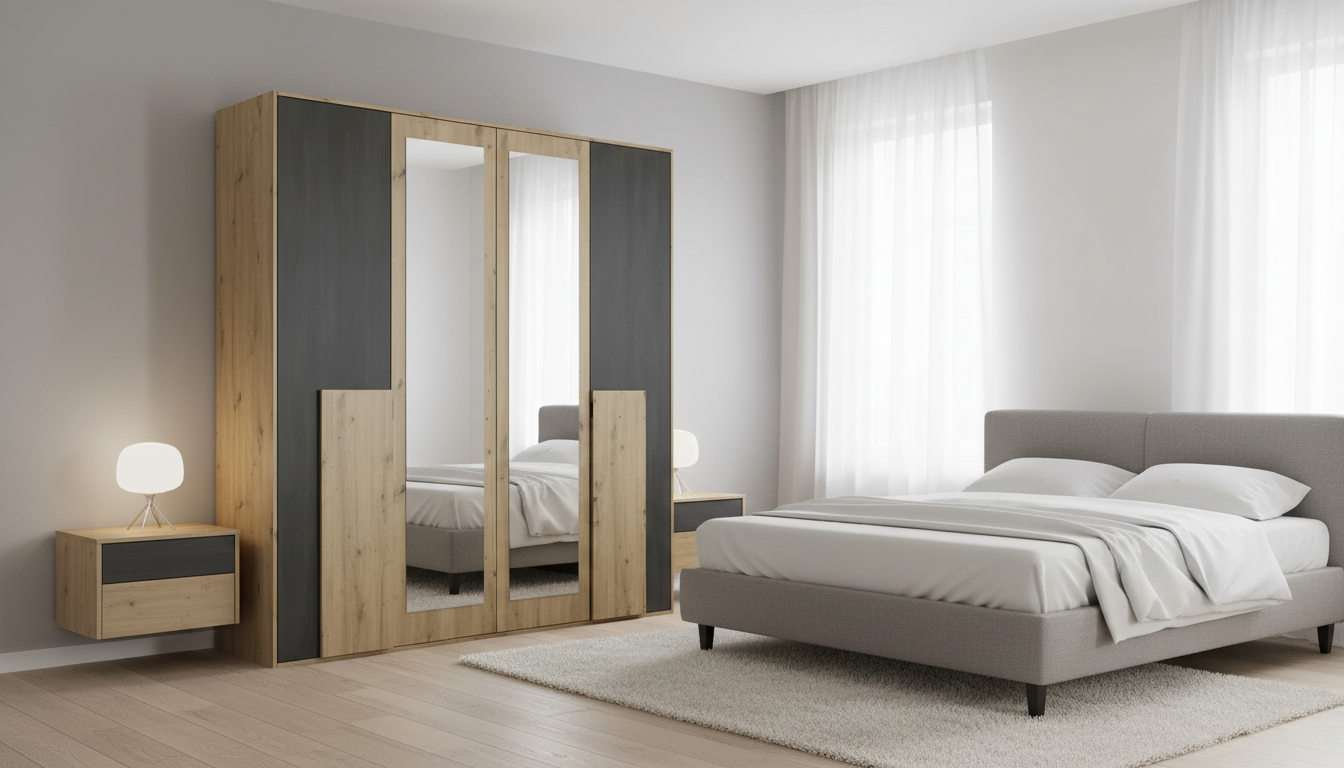 Dressing BAFRA, stejar artisan/pin negru, PAL laminat, cu 4 usi, 200x65x203 cm