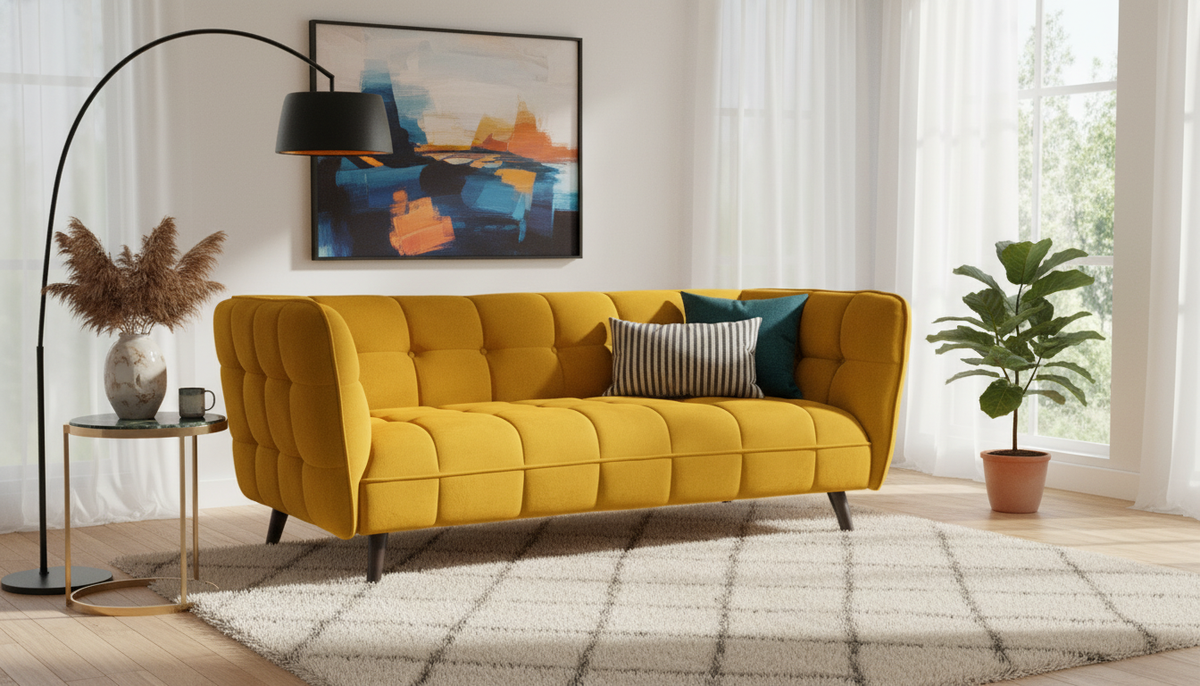 Canapea CASTELLO 3, galben/wenge,  stofa catifelata/lemn/PAL, 200x85x78 cm