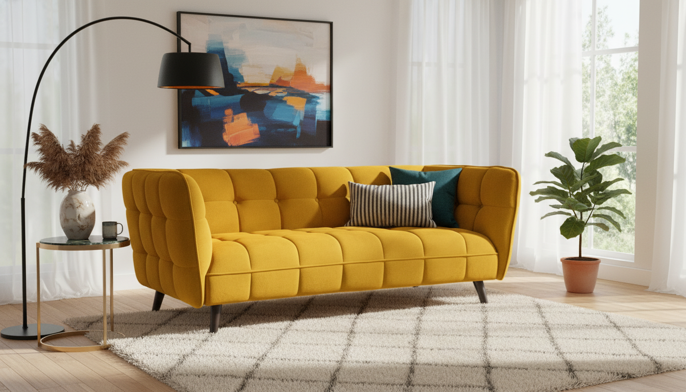 Canapea CASTELLO 3, galben/wenge,  stofa catifelata/lemn/PAL, 200x85x78 cm