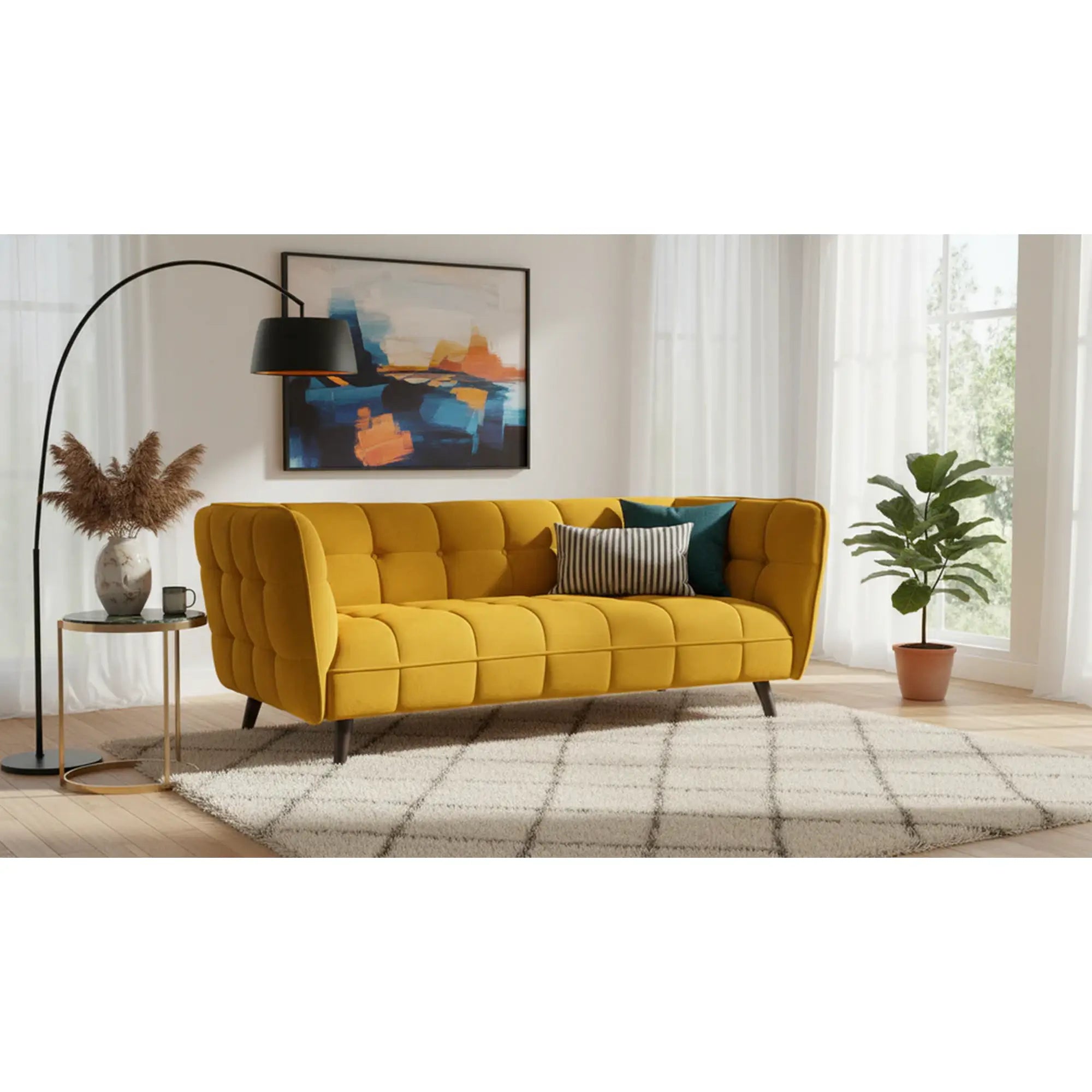 Canapea CASTELLO 3, galben/wenge,  stofa catifelata/lemn/PAL, 200x85x78 cm
