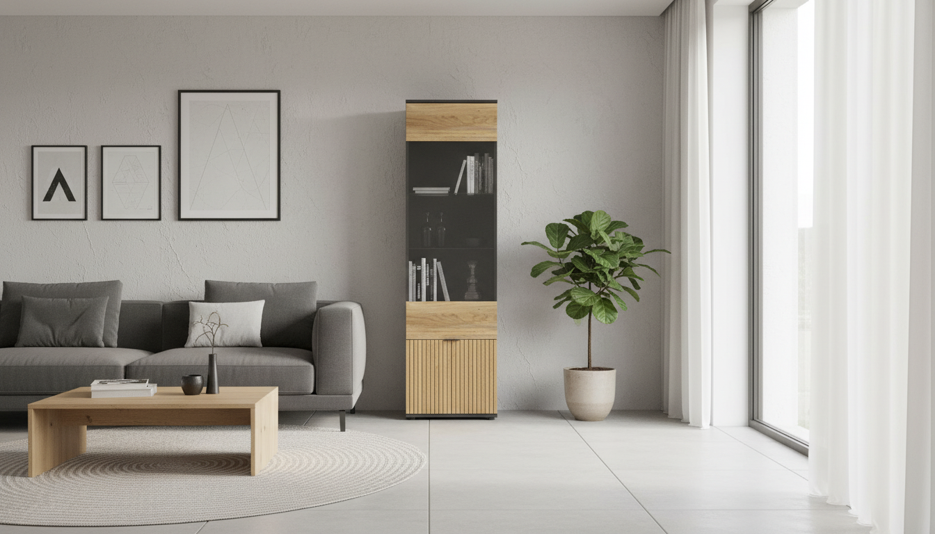 Vitrina LUEN, stejar/negru, PAL laminat/sticla securizata, 57x40x196 cm