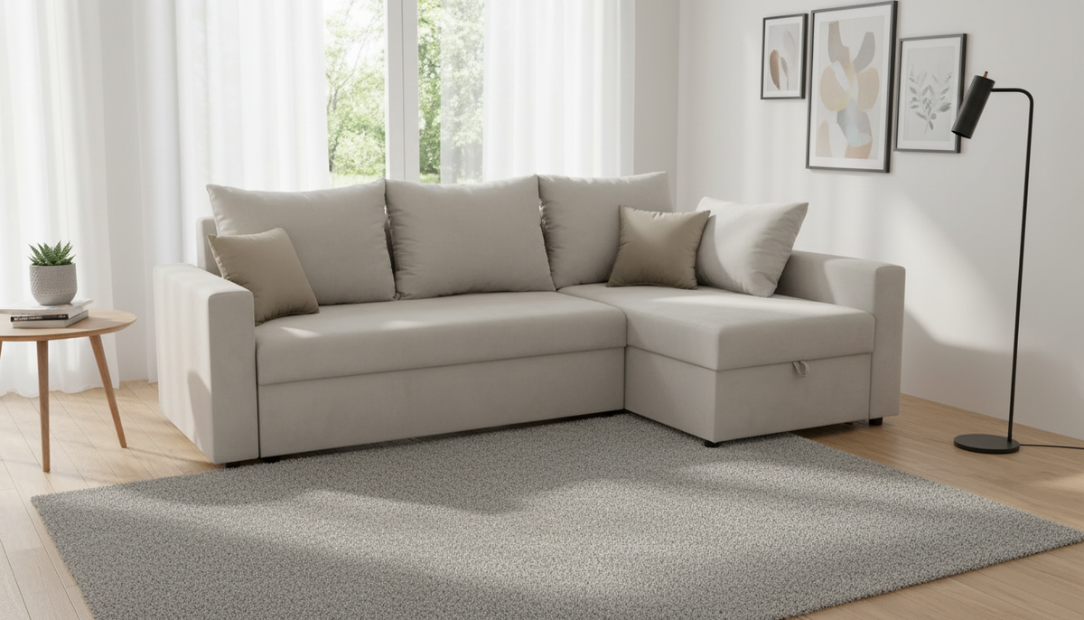 Coltar extensibil PREZEMEK IV, universal, stofa clasica bej, cu lada depozitare, 240x138x89 cm