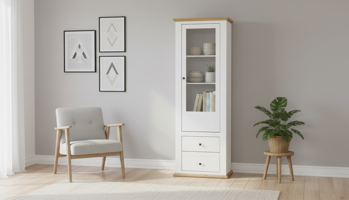 Vitrina LEON MZ4, alb/stejar deschis, PAL laminat, 70x40x200 cm