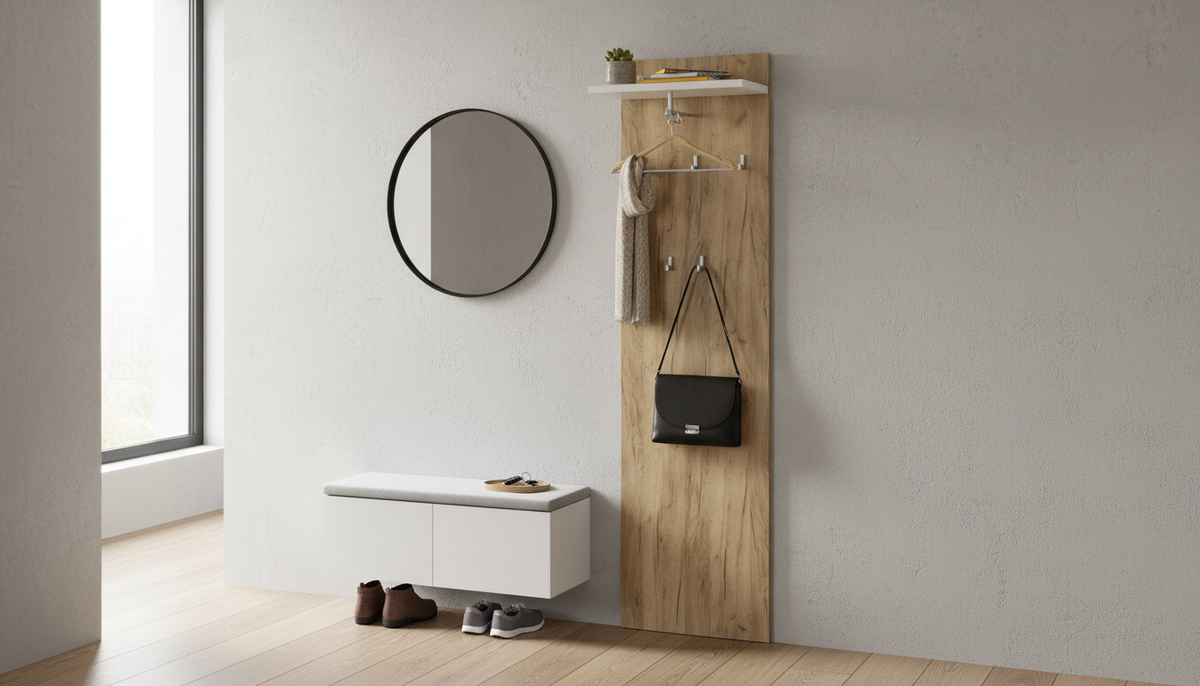 Cuier perete RIOMA TYP 19, stejar artisan/alb, DTD laminat, 50x25x181 cm