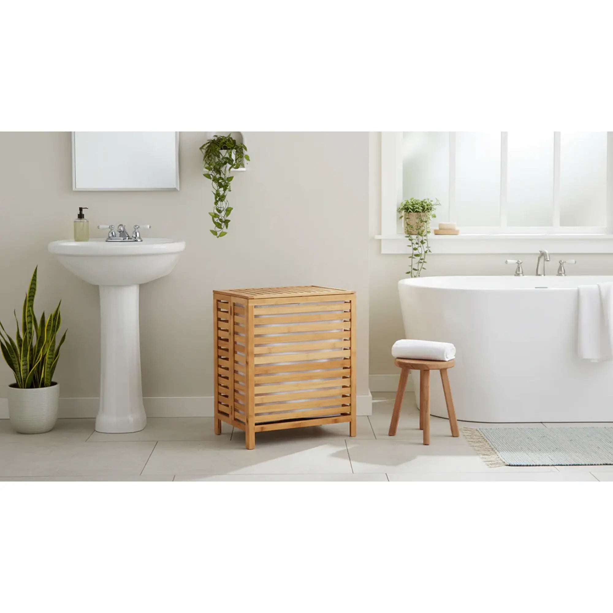 Cos de rufe MENORK, stejar, bambus/material textil, 50x35x60 cm